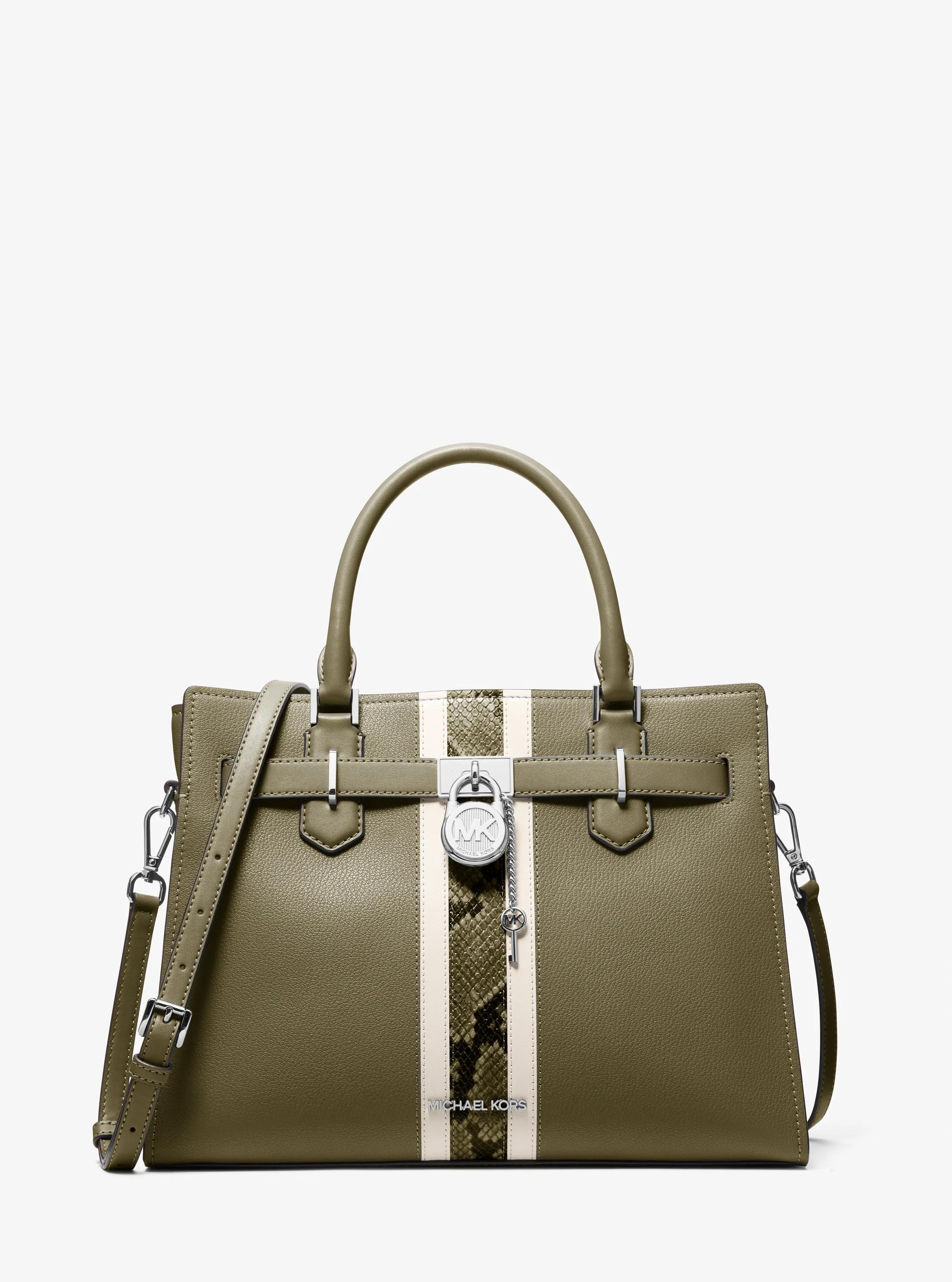 Hamilton Medium Leather and Snake Embossed Stripe Satchel in OLIVE | Michael Kors