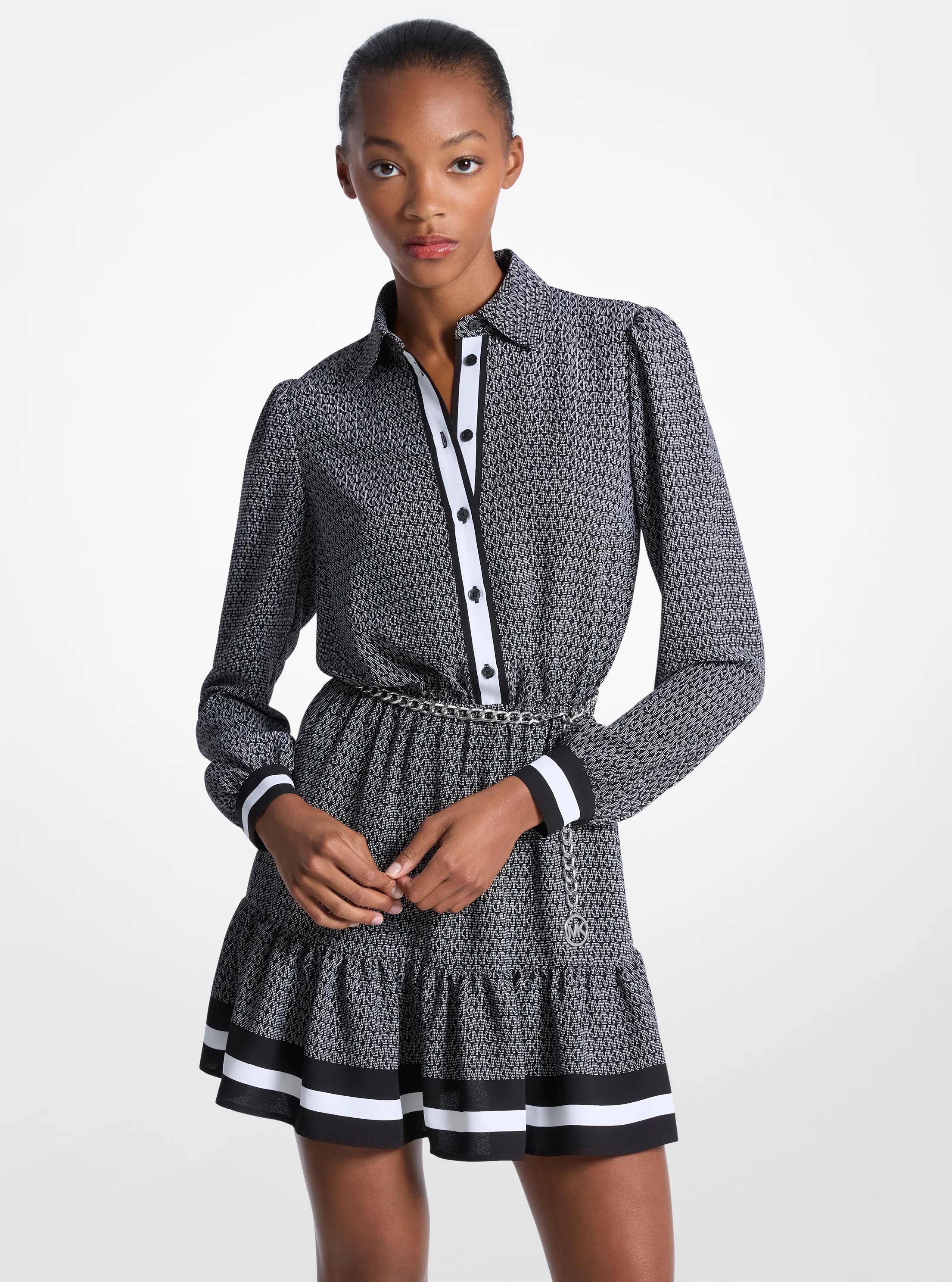 Logo Print Crepe Belted Mini Dress in BLACK/WHITE | Michael Kors