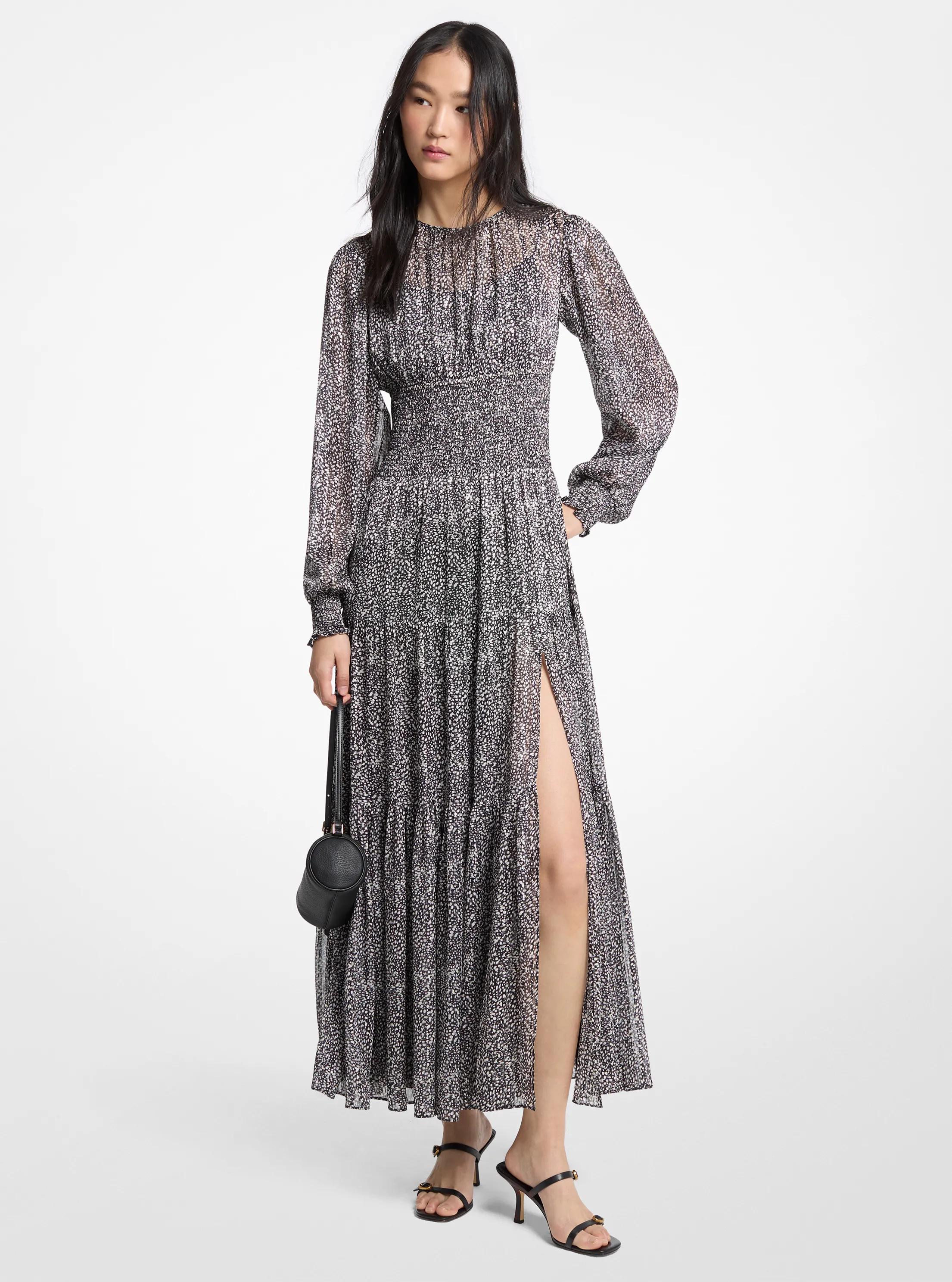 Printed Smocked Georgette Maxi Dress in BLACK/BONE | Michael Kors