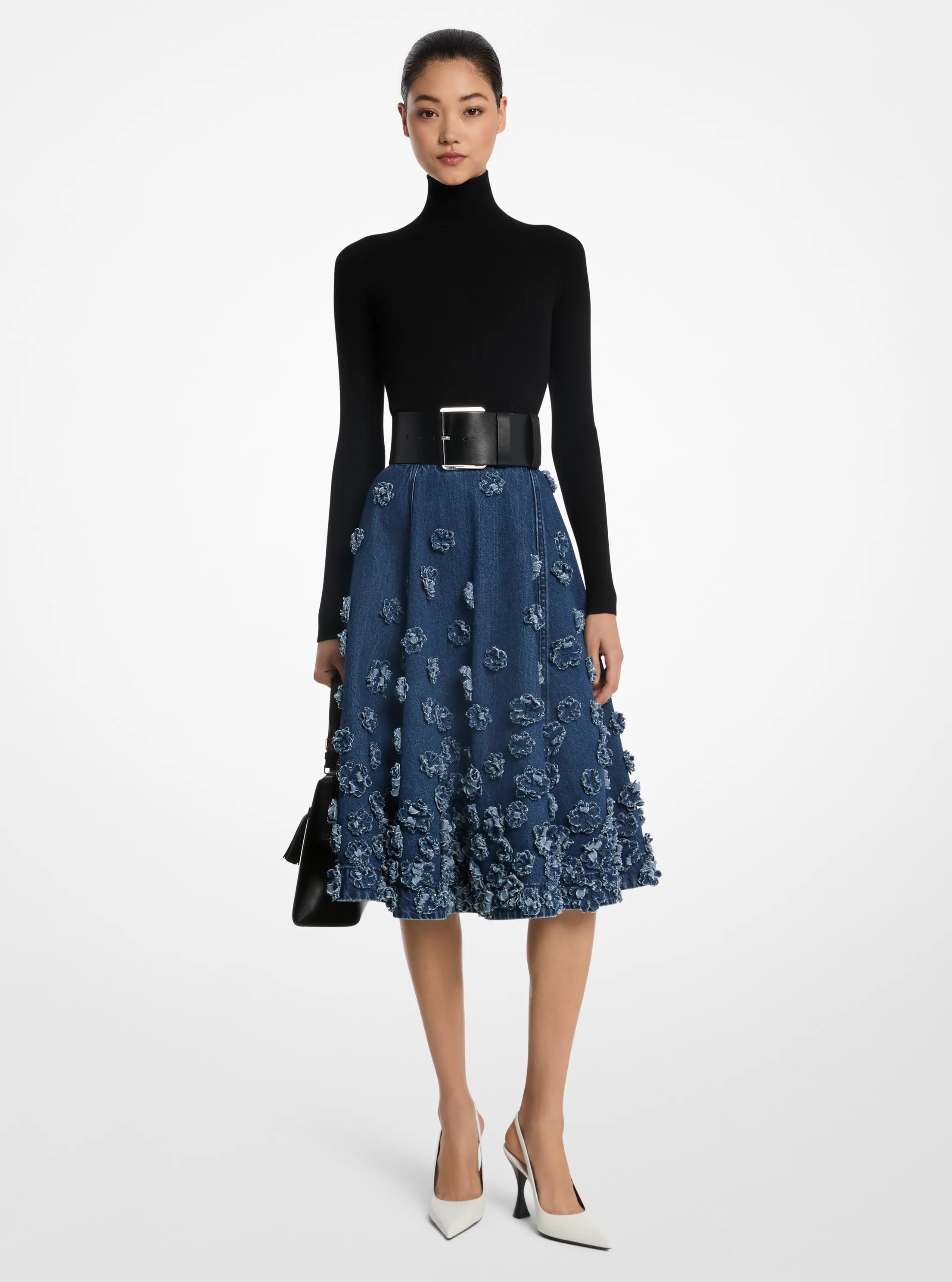Hand-Embroidered Floral Denim Circle Skirt