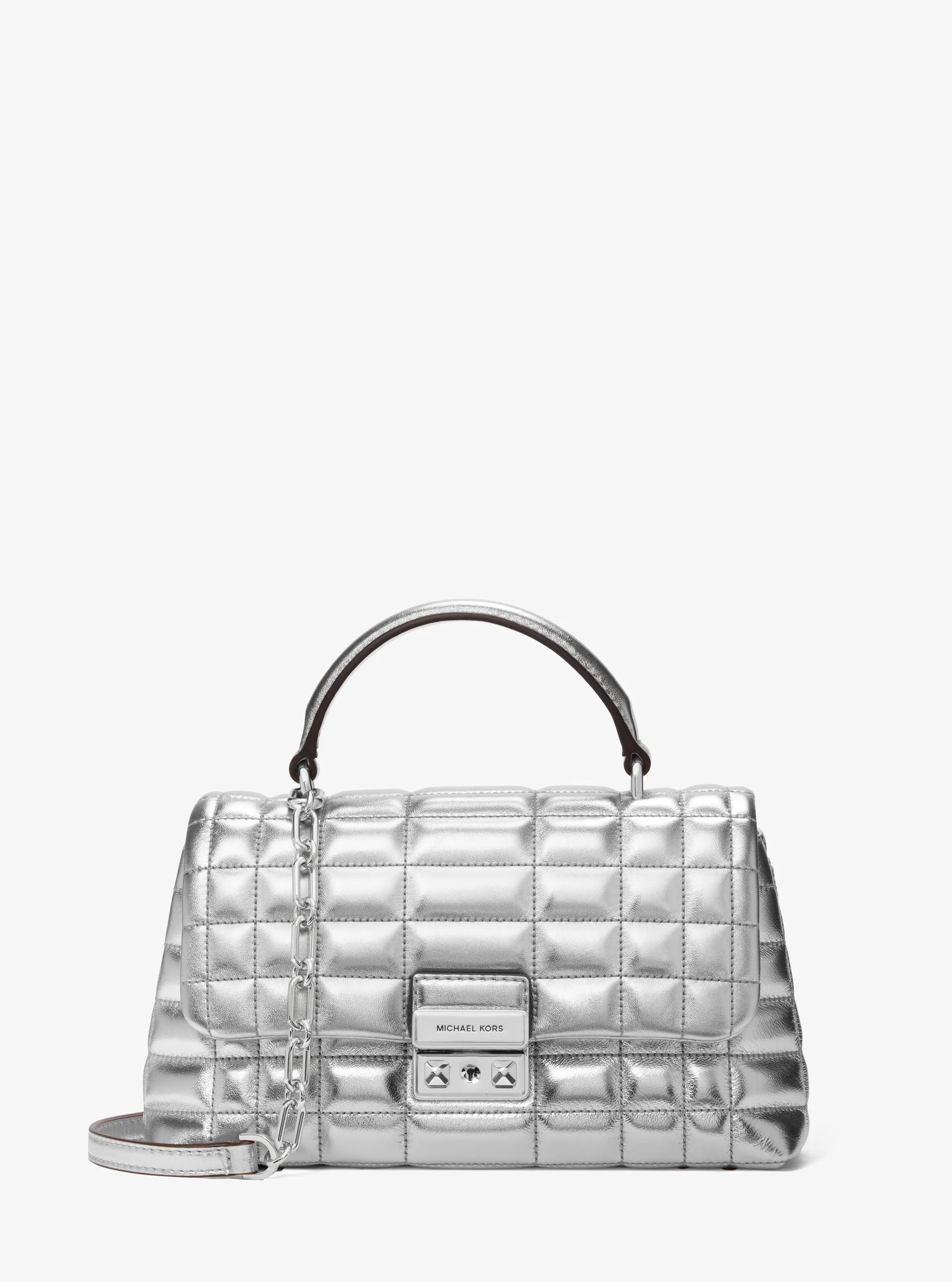 Tribeca Medium Quilted Metallic Leather Satchel in SILVER | Michael Kors