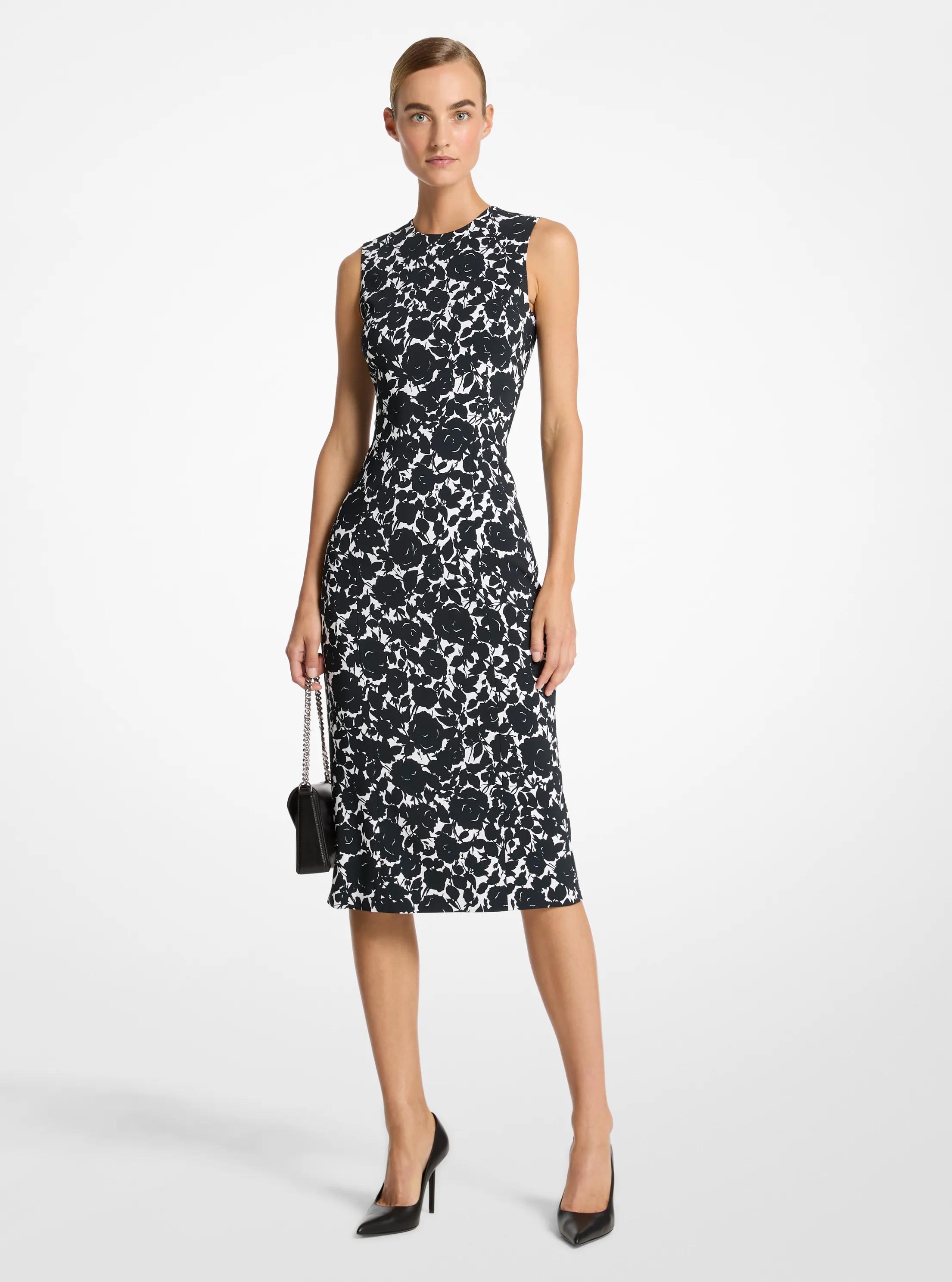 Vestido recto de cady el&aacute;stico floral in NEGRO/BLANCO | Michael Kors