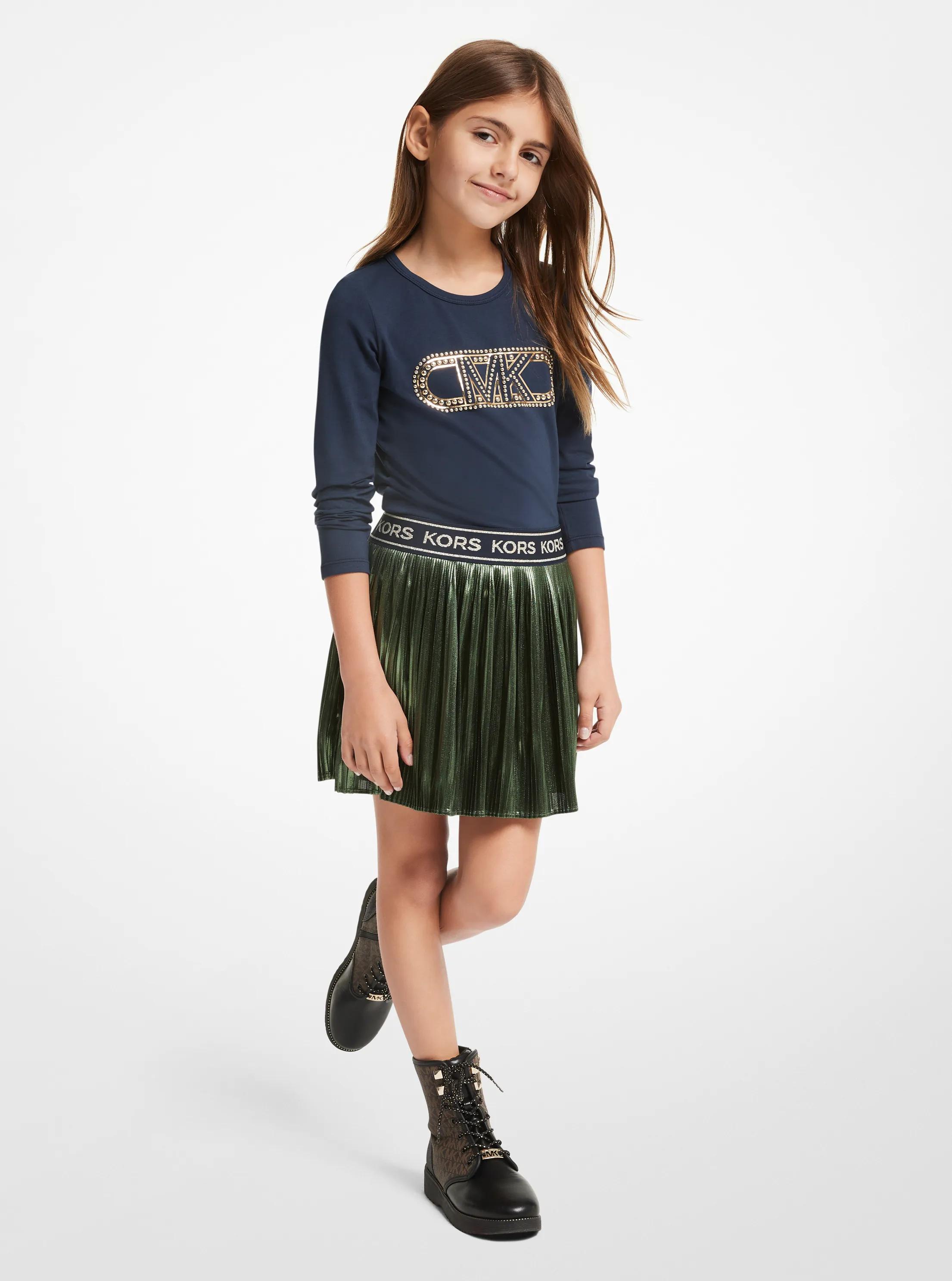 Logo Tape Metallic Pleated Skirt