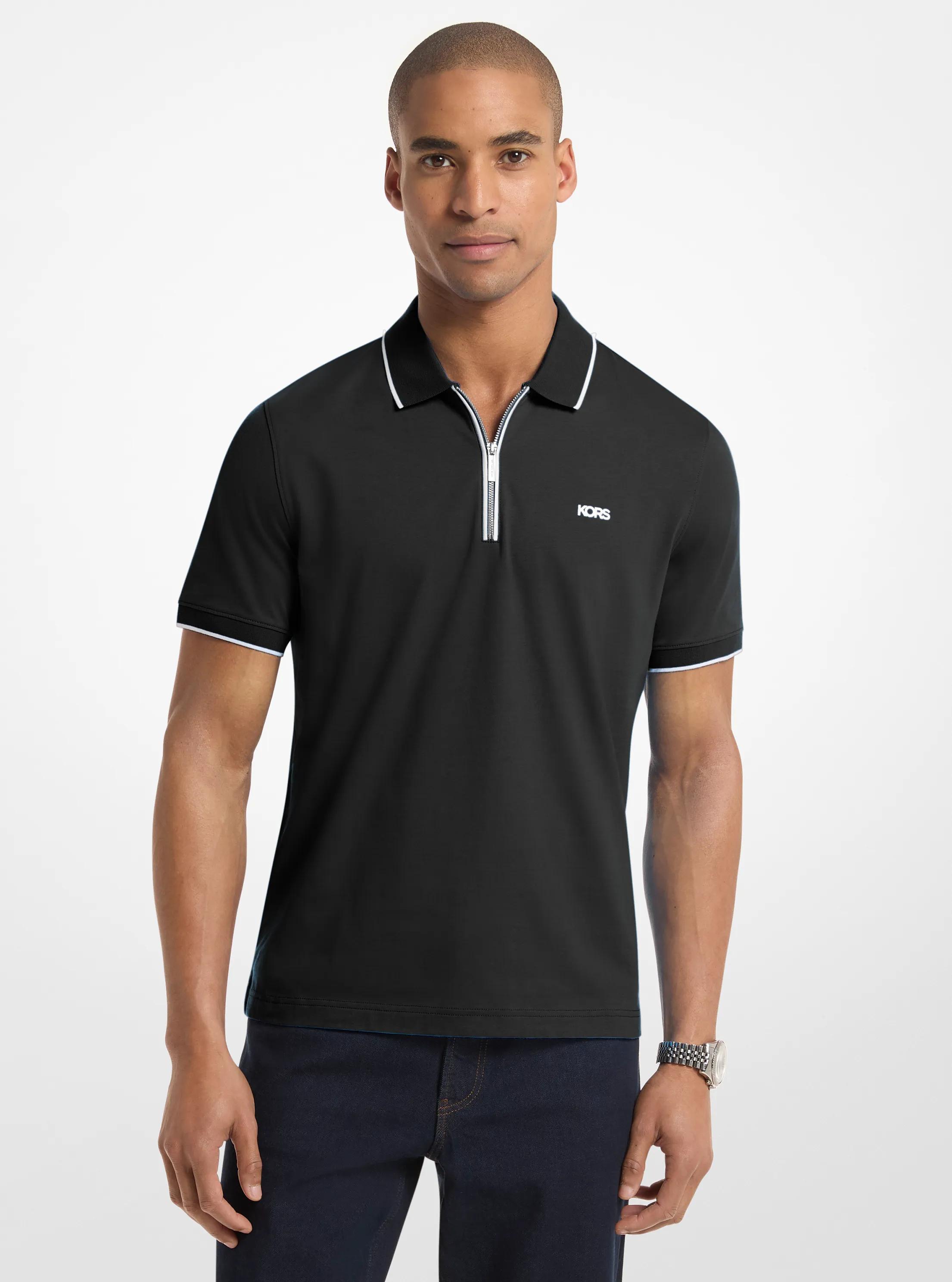 Cotton Jersey Zip-Up Polo Shirt in BLACK | Michael Kors