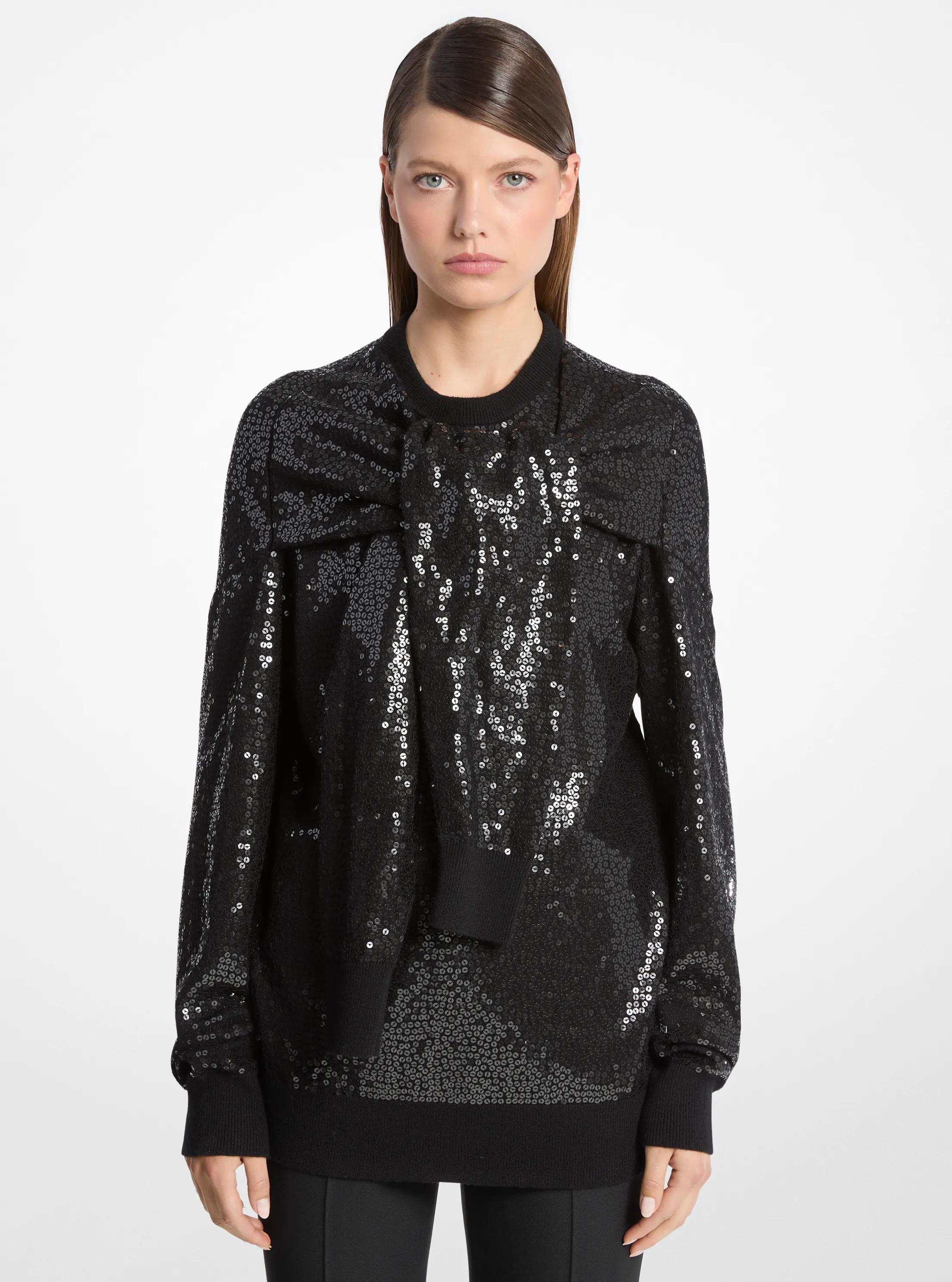 Hand-Embroidered Sequin Cashmere Scarf-Effect Sweater in BLACK | Michael Kors