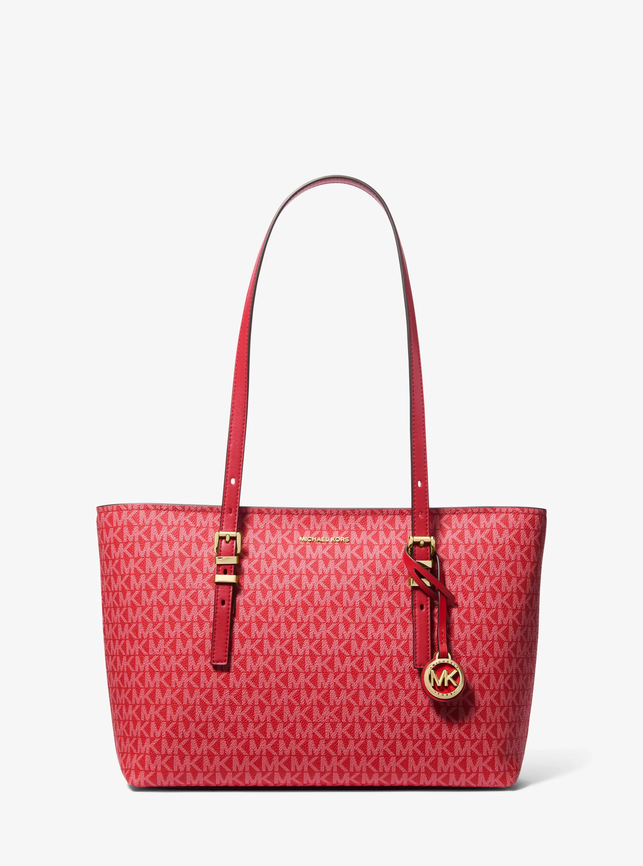 Quinn Medium Signature Logo and Leather Tote Bag in CRIMSON | Michael Kors