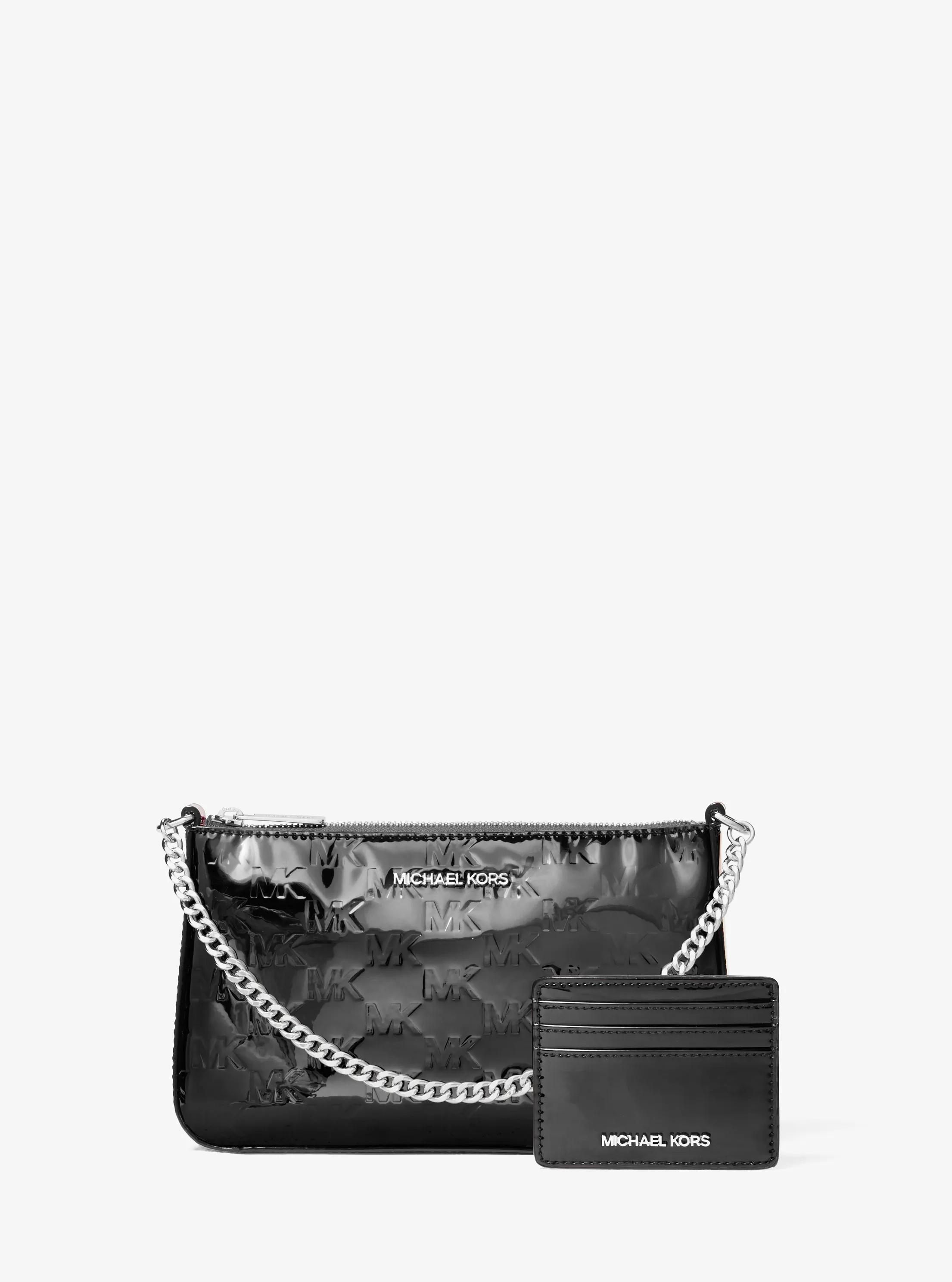 Jet Set Patent Logo Debossed Pochette and Card Case Gift Set in BLACK | Michael Kors
