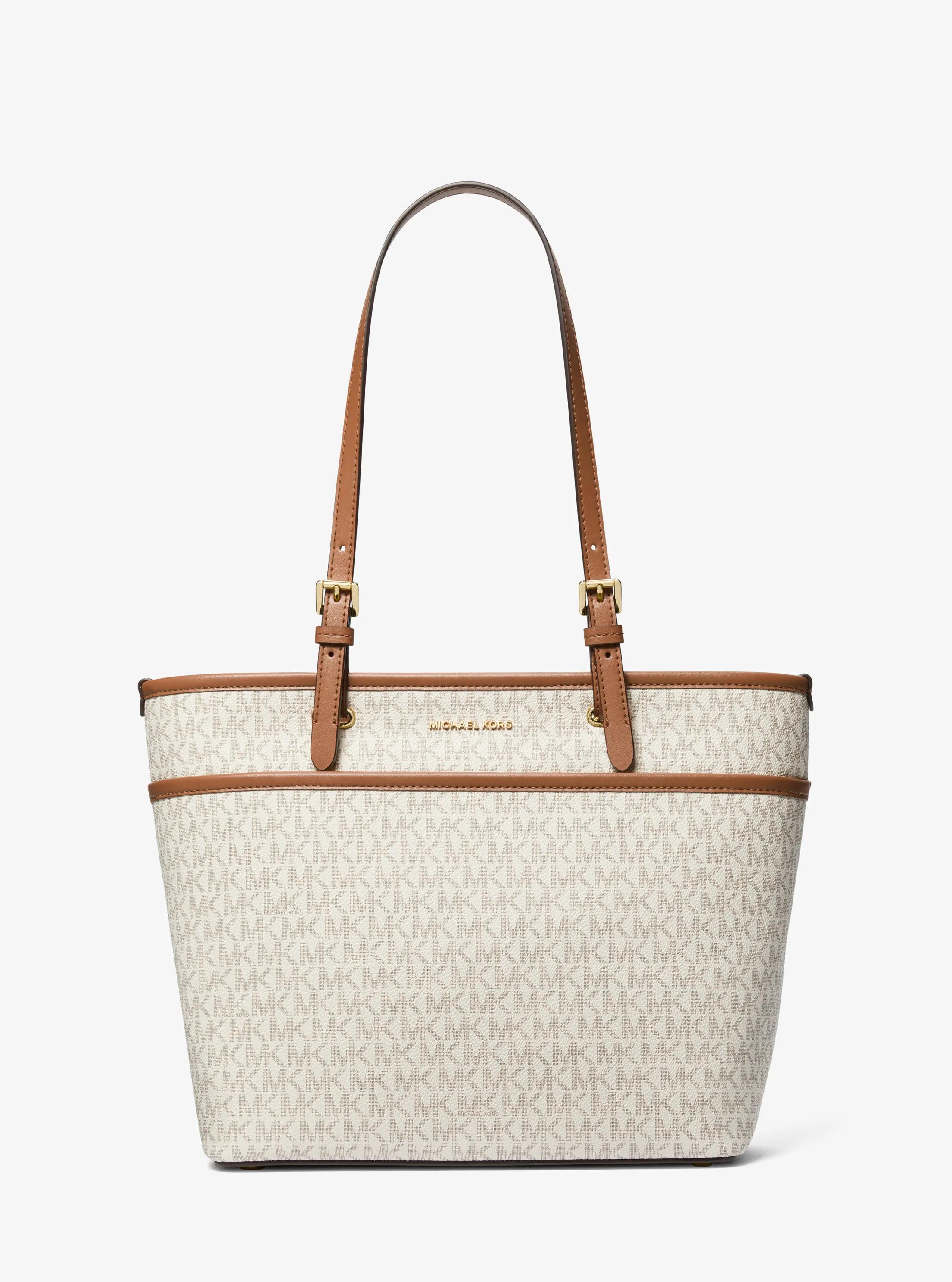 Winston Medium Signature Logo Pocket Tote Bag in VANILLA/ACORN | Michael Kors