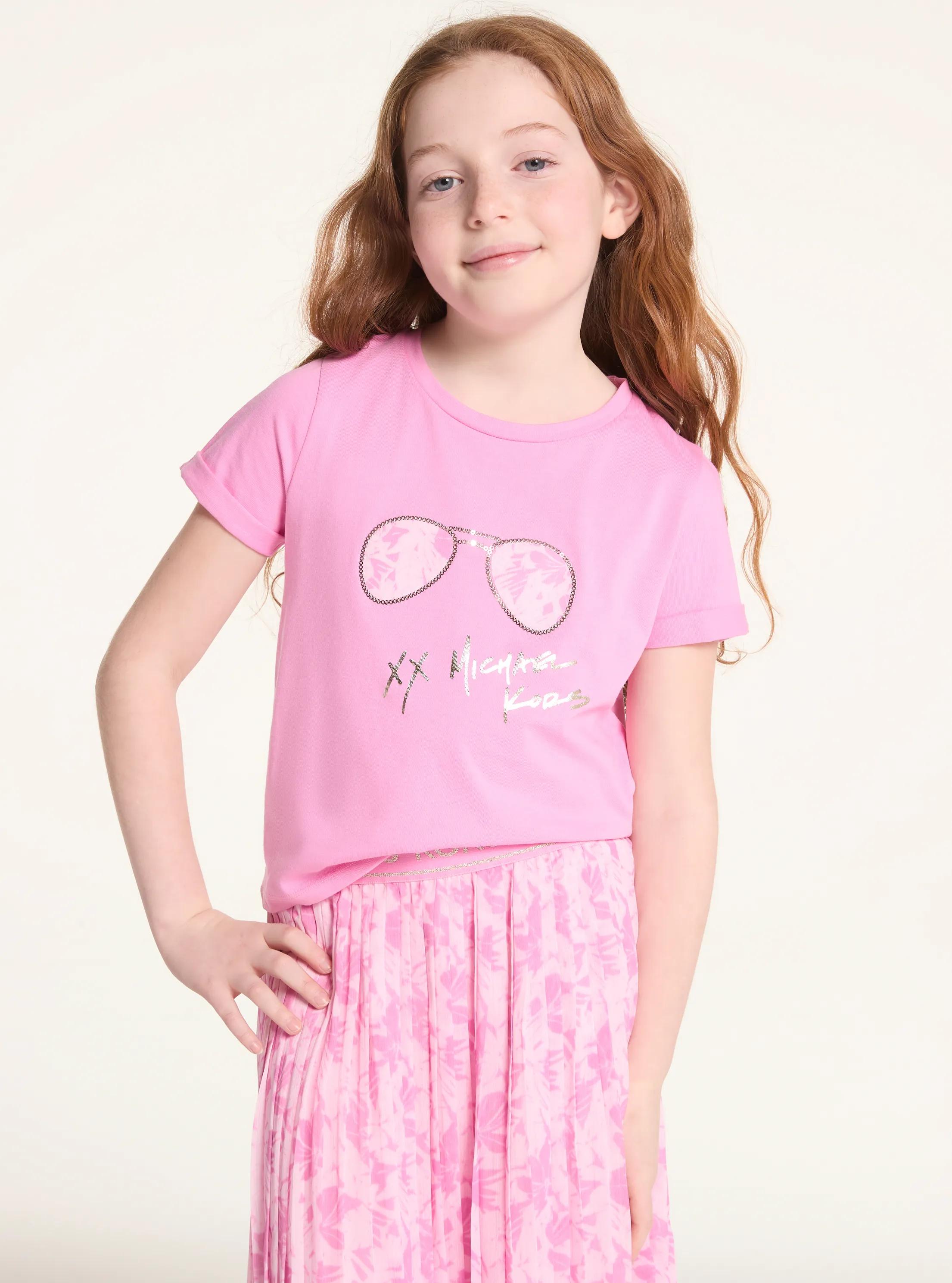 MK T-shirt en coton travaillé à imprimé lunettes aviateur à fleurs - Rose - Michael Kors