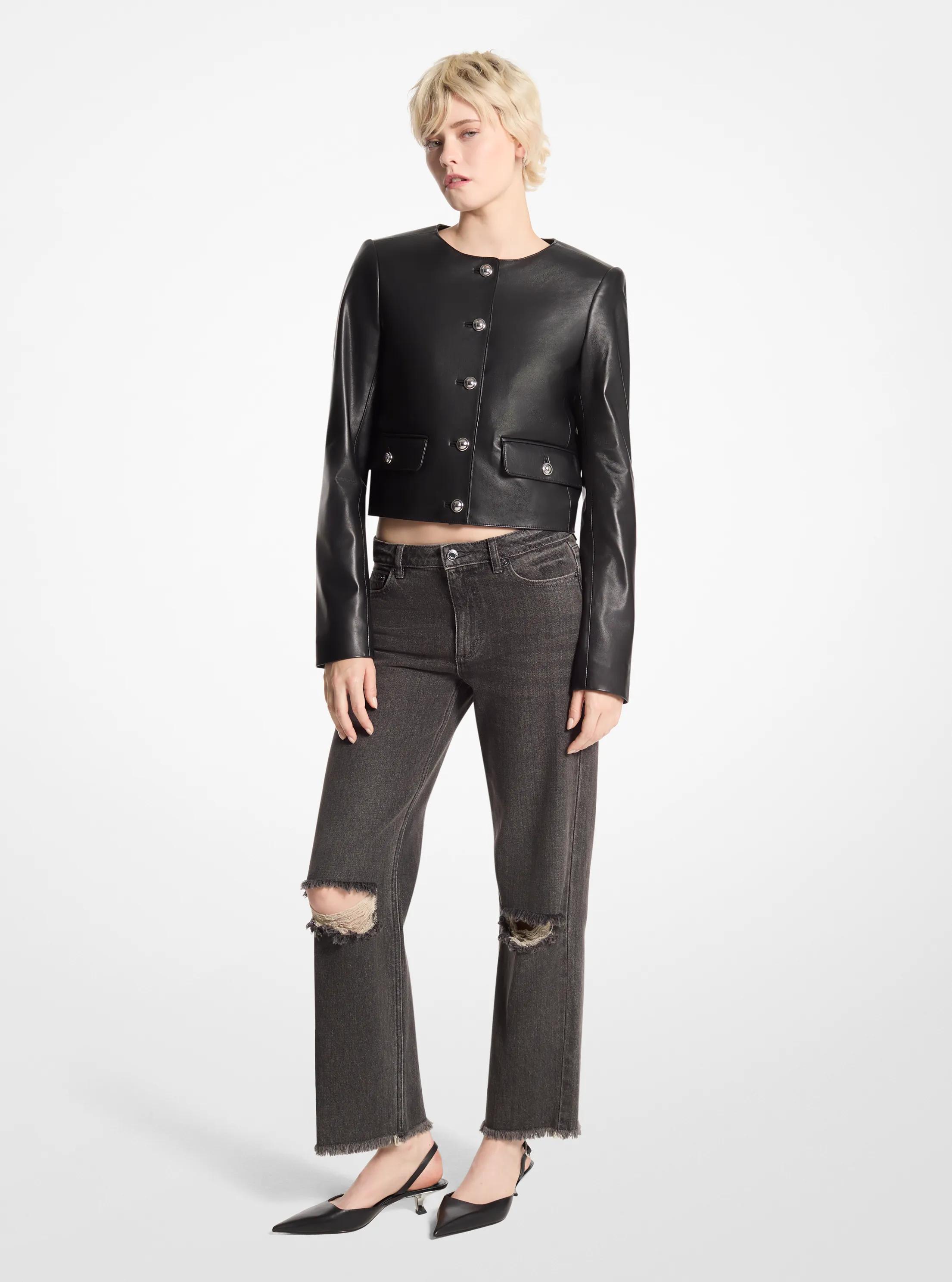 Leather Cropped Jacket in BLACK | Michael Kors