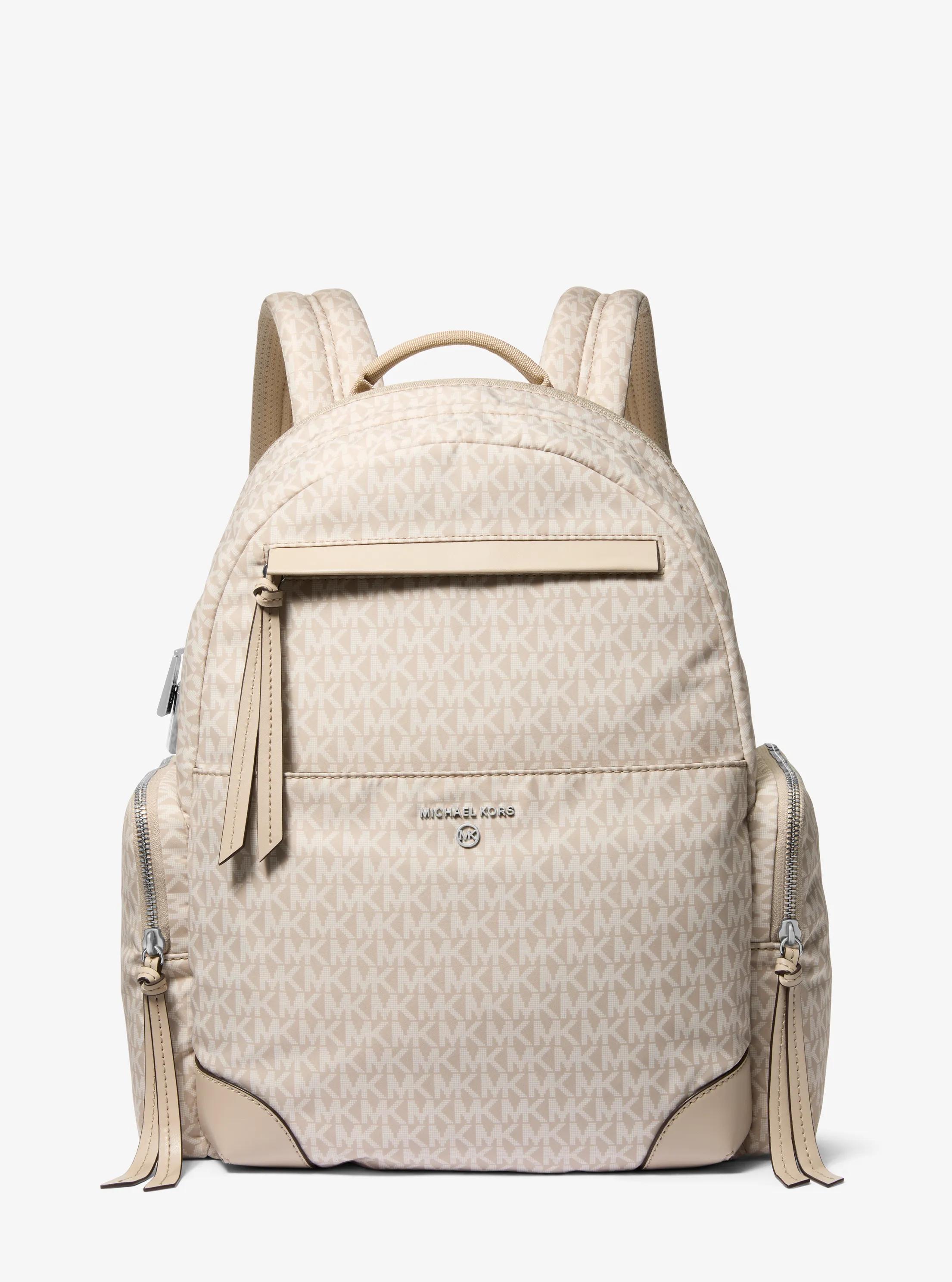 Prescott Large Signature Logo Print Woven Backpack in LIGHT SAND | Michael Kors