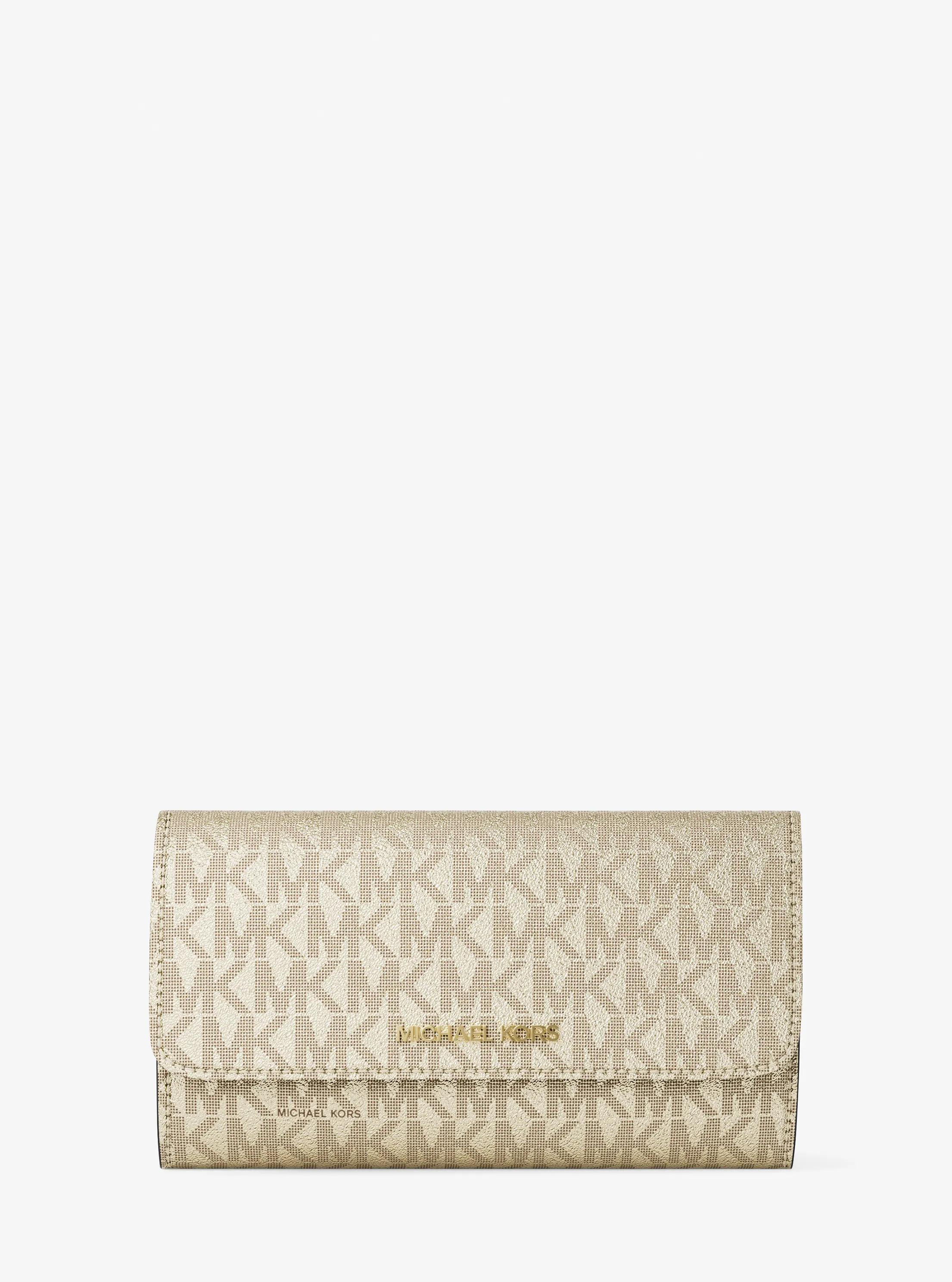 Michael Kors Outlet Jet Set Travel Large Signature Logo Tri-fold Wallet In Gold
