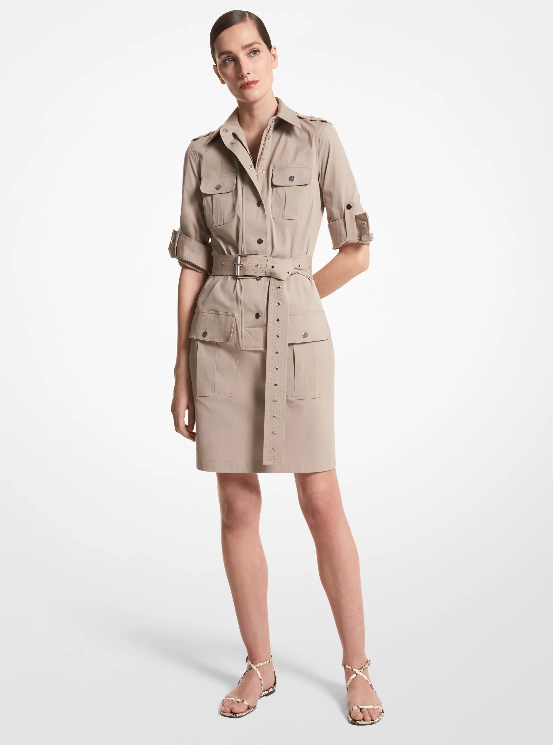 Stretch Organic Cotton Poplin Belted Cargo Shirtdress in TAUPE | Michael Kors