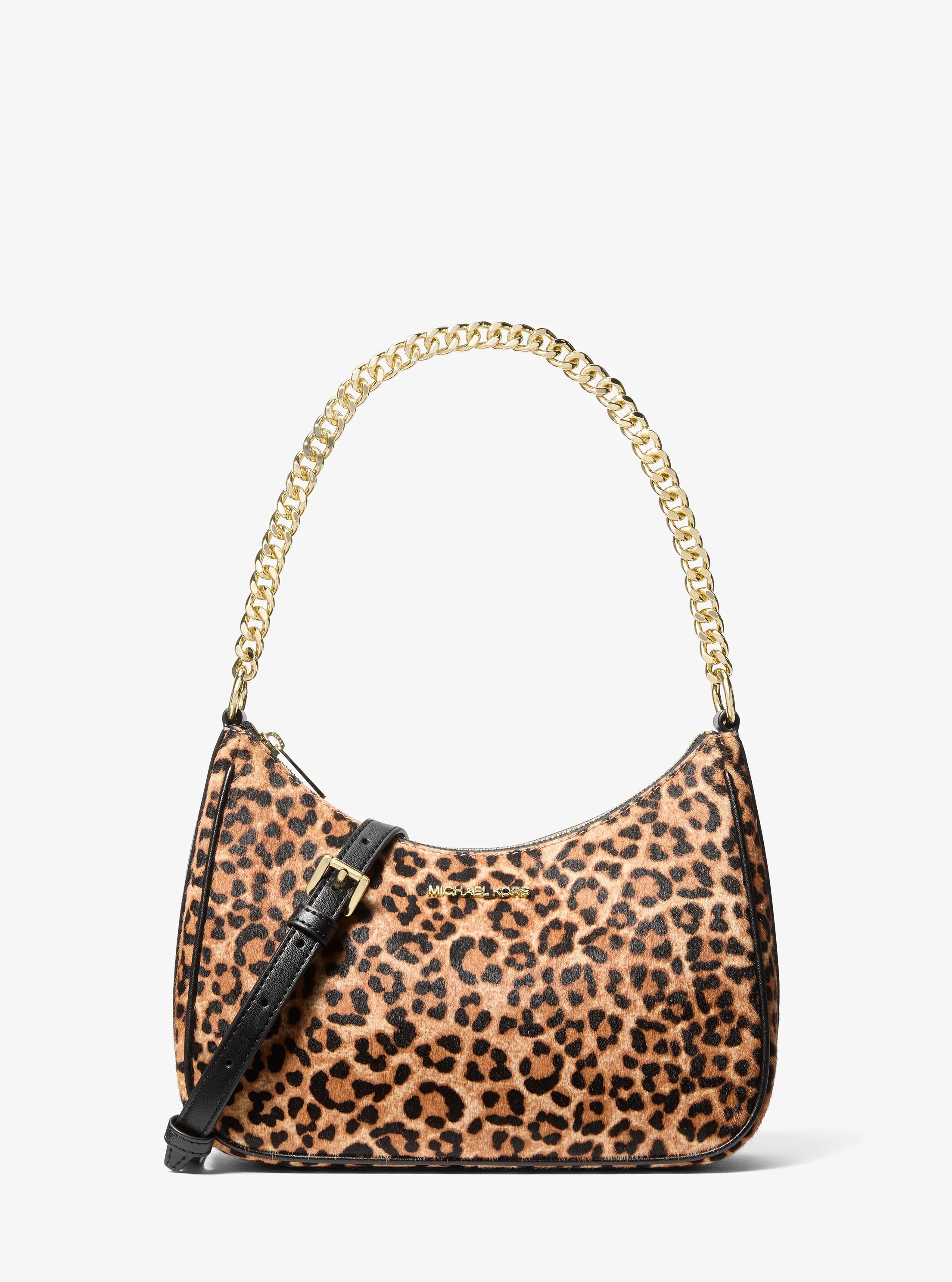 Jet Set Travel Large Leopard Print Calf Hair Convertible Pochette in CAMEL MLT | Michael Kors