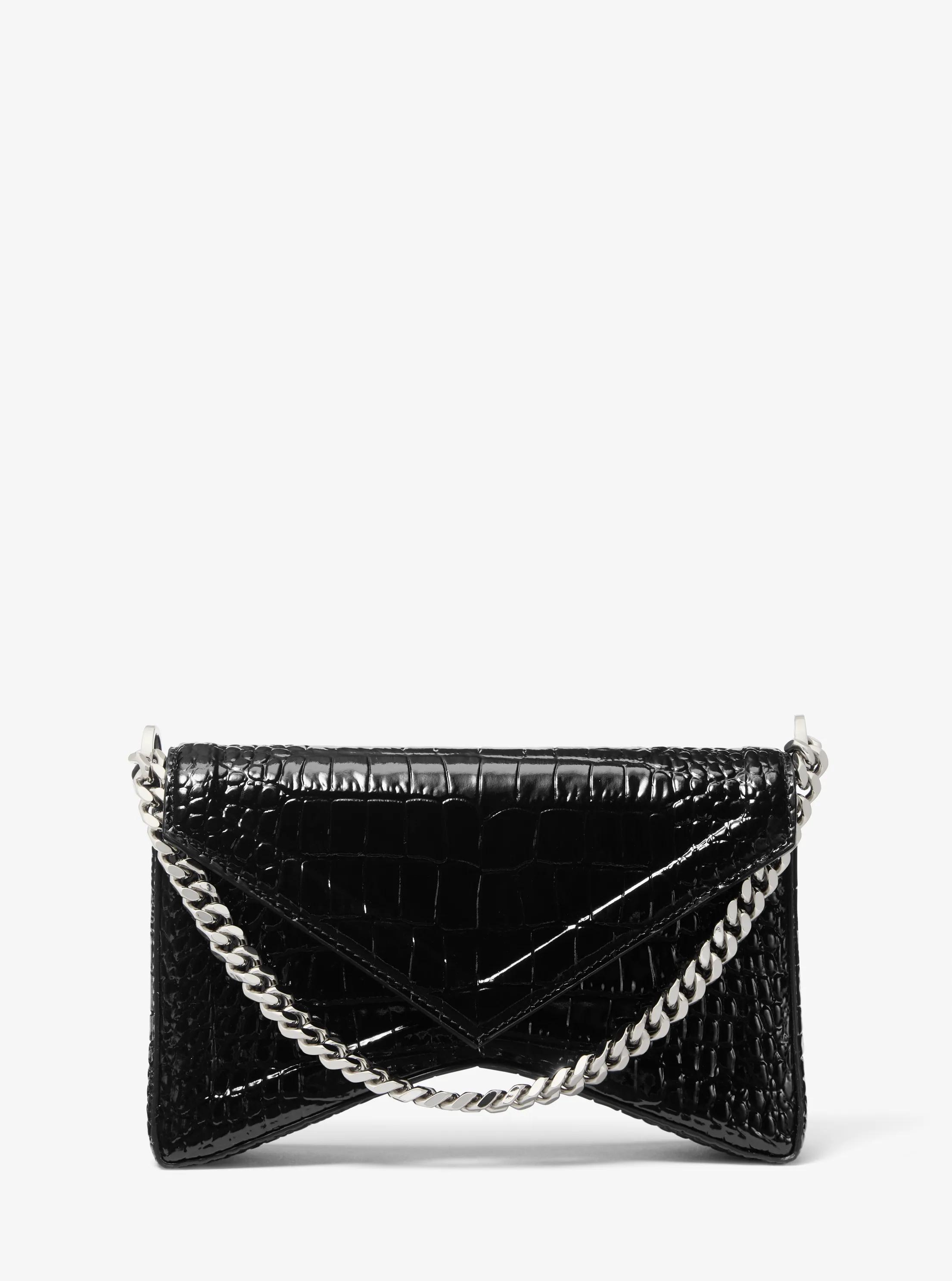 Manhatta Crocodile Embossed Patent Leather Shoulder Bag in BLACK | Michael Kors