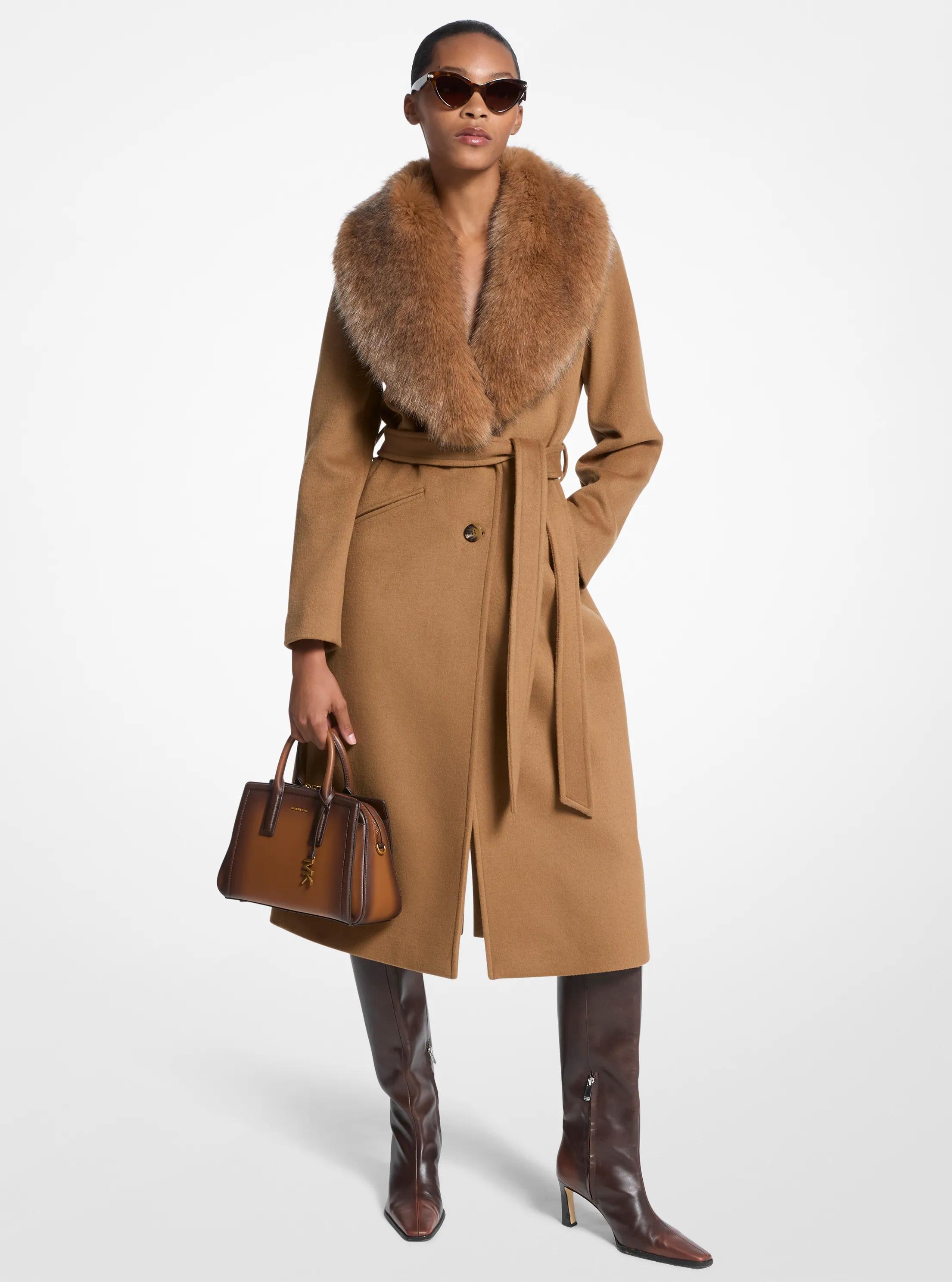 Faux Fur Trim Wool Blend Coat in DARK CAMEL | Michael Kors