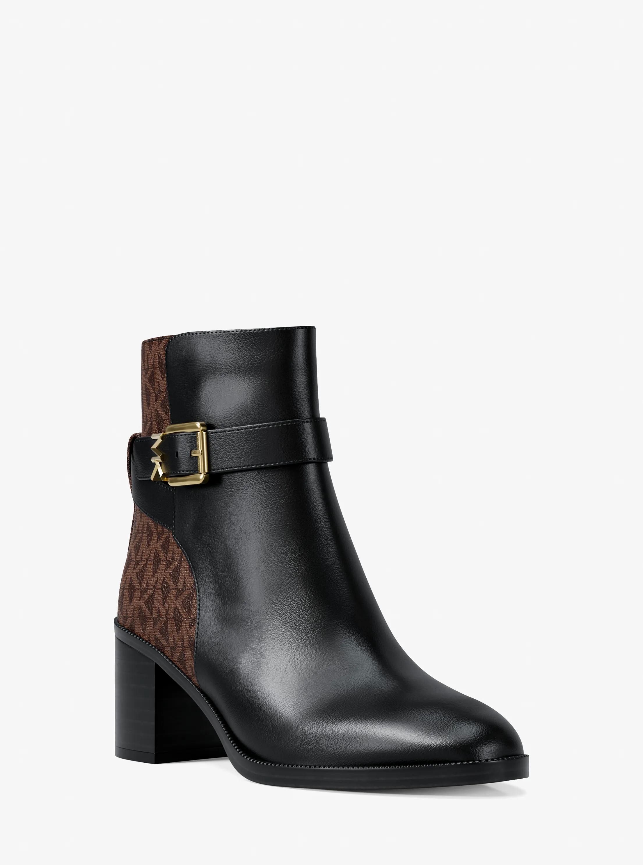 Stivaletto Rachel in pelle e stampa logo con tacco a blocco in NERO/MARRONE | Michael Kors