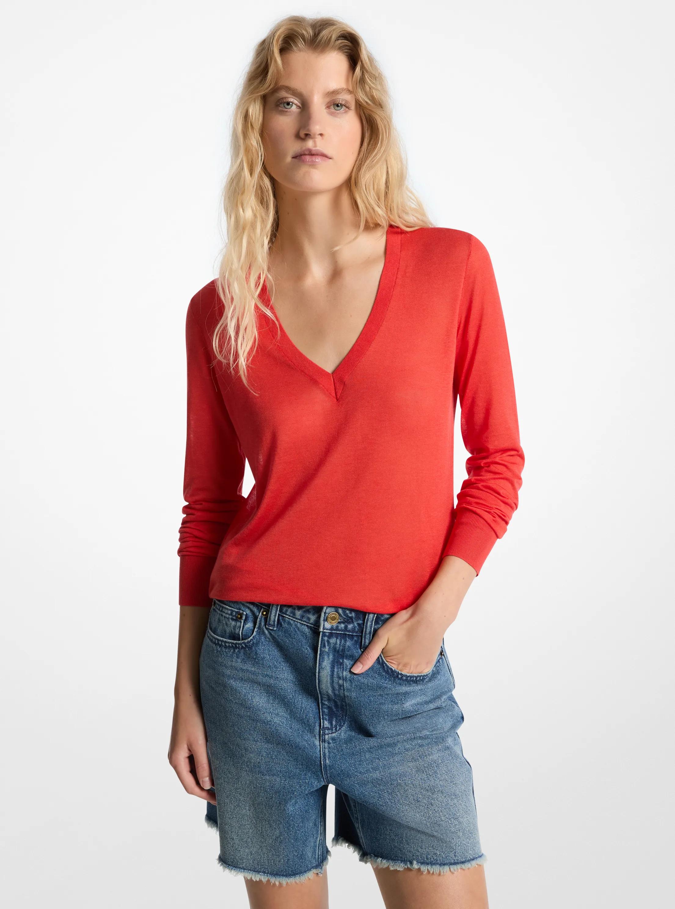 Silk Blend V-Neck Sweater in BURNT SIENNA | Michael Kors
