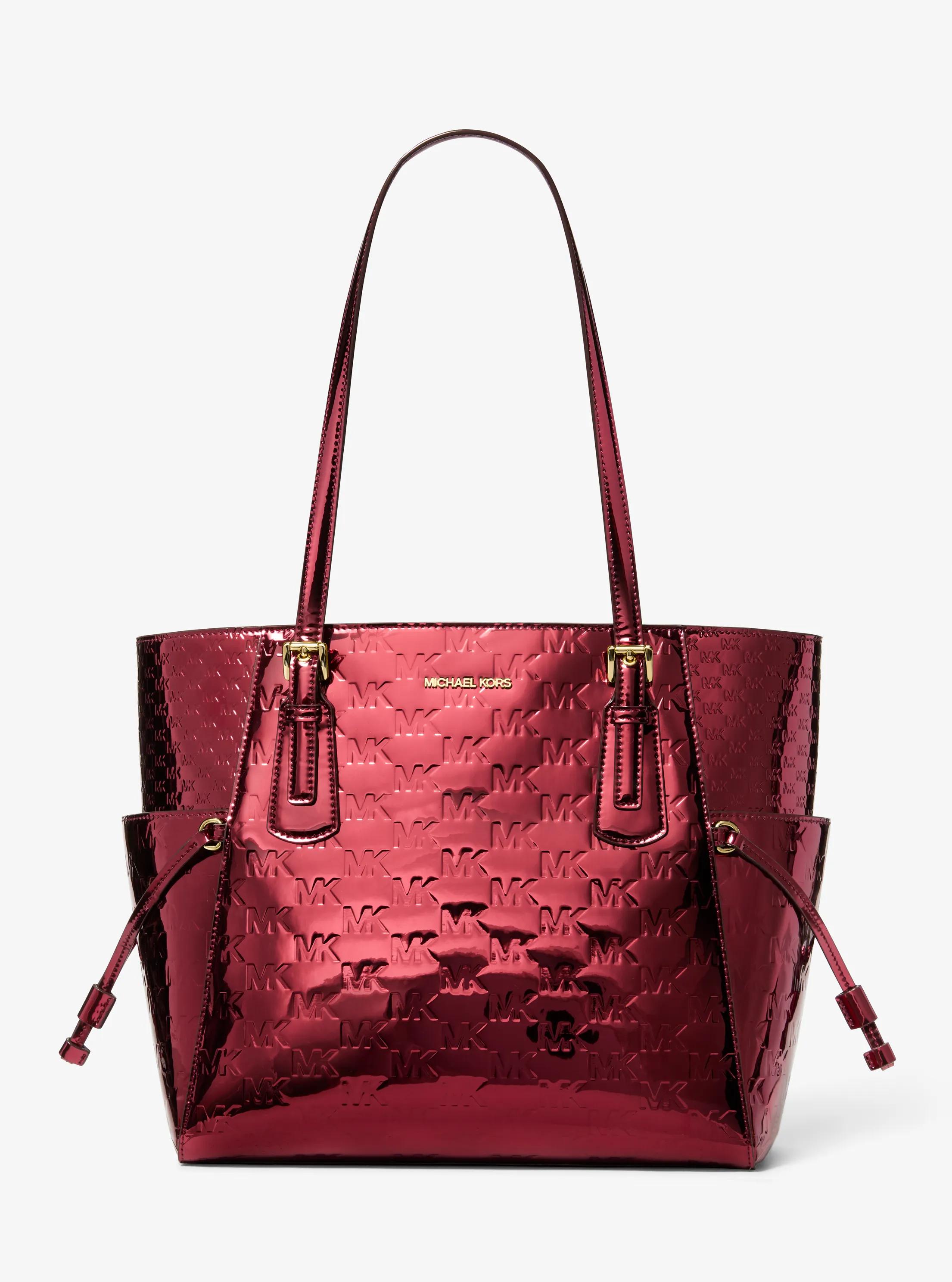 Voyager Large Metallic Logo Debossed Tote Bag in CHERRY | Michael Kors