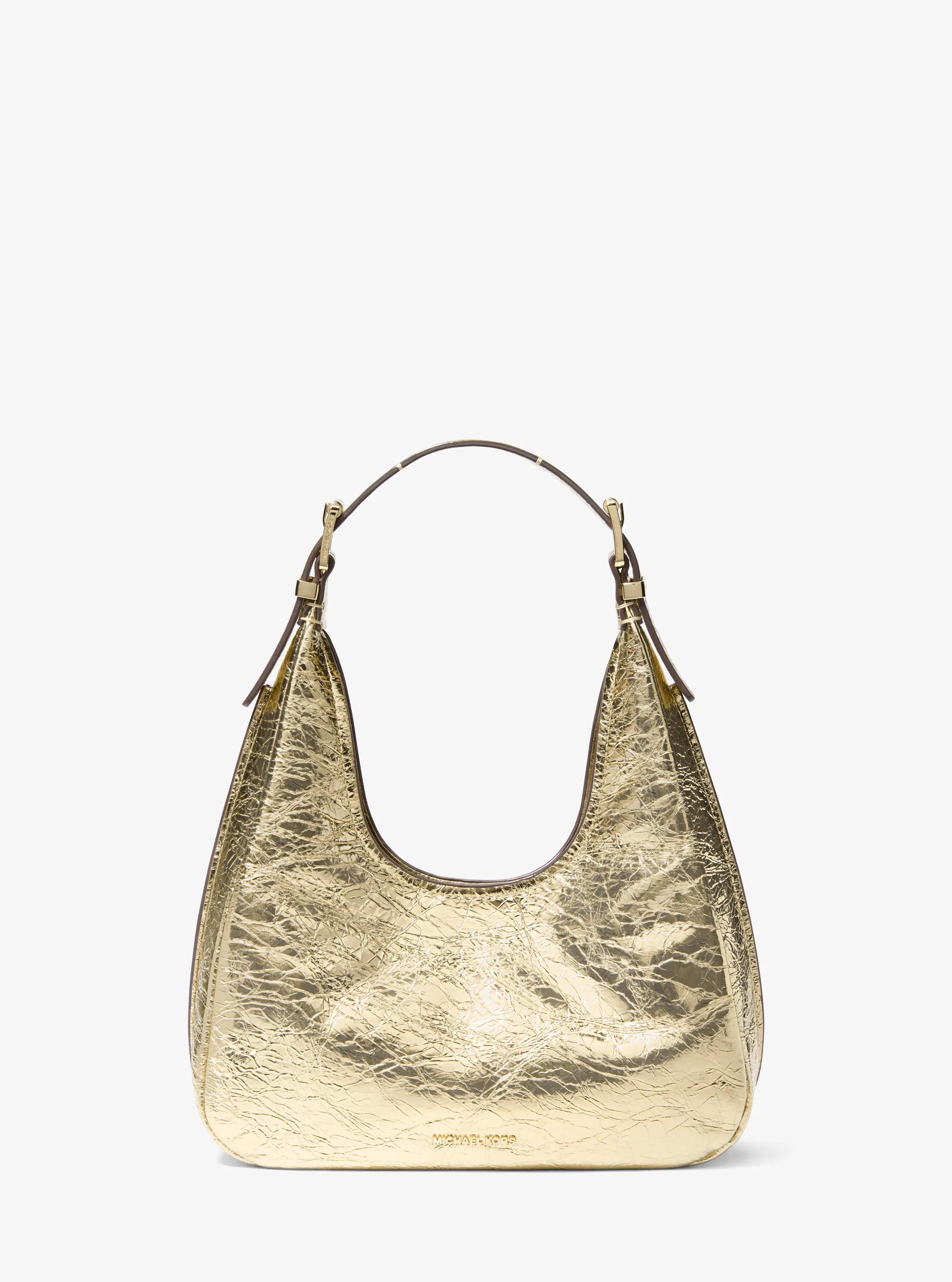 Nolita Small Metallic Crackled Leather Hobo Shoulder Bag in PALE GOLD | Michael Kors