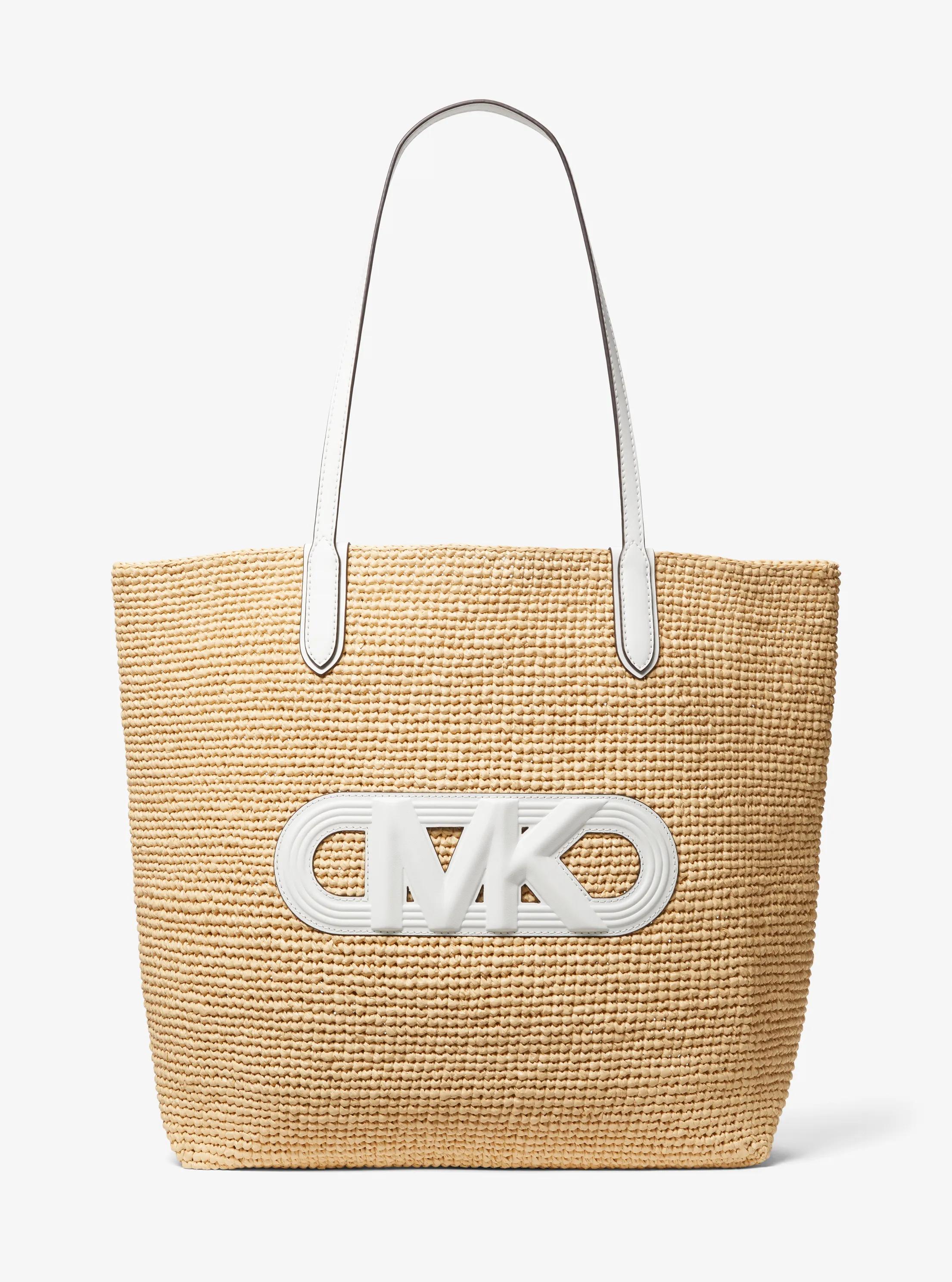 Eliza Extra-Large Empire Logo Straw Tote Bag in NAT/OPTICWHT | Michael Kors