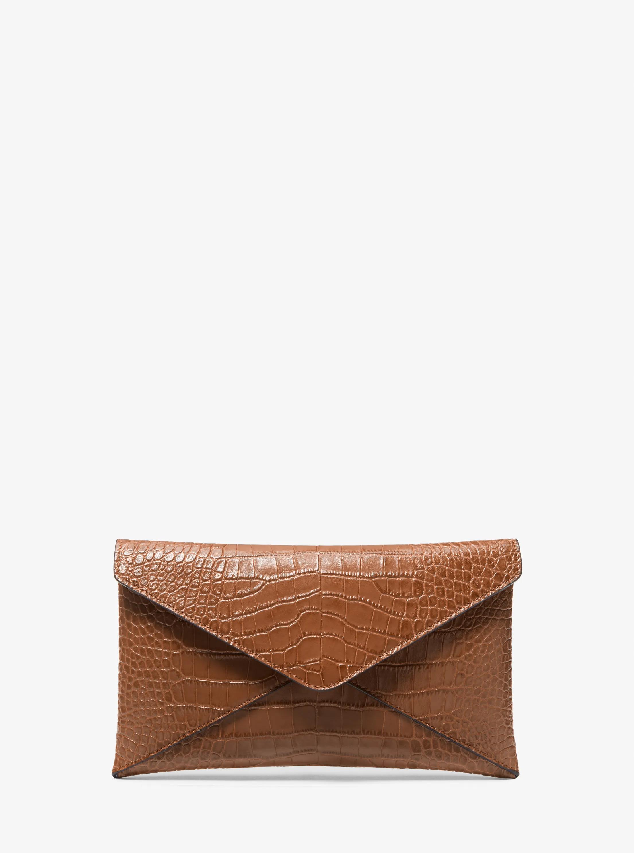 Mia Crocodile Embossed Leather Envelope Clutch in SADDLE | Michael Kors