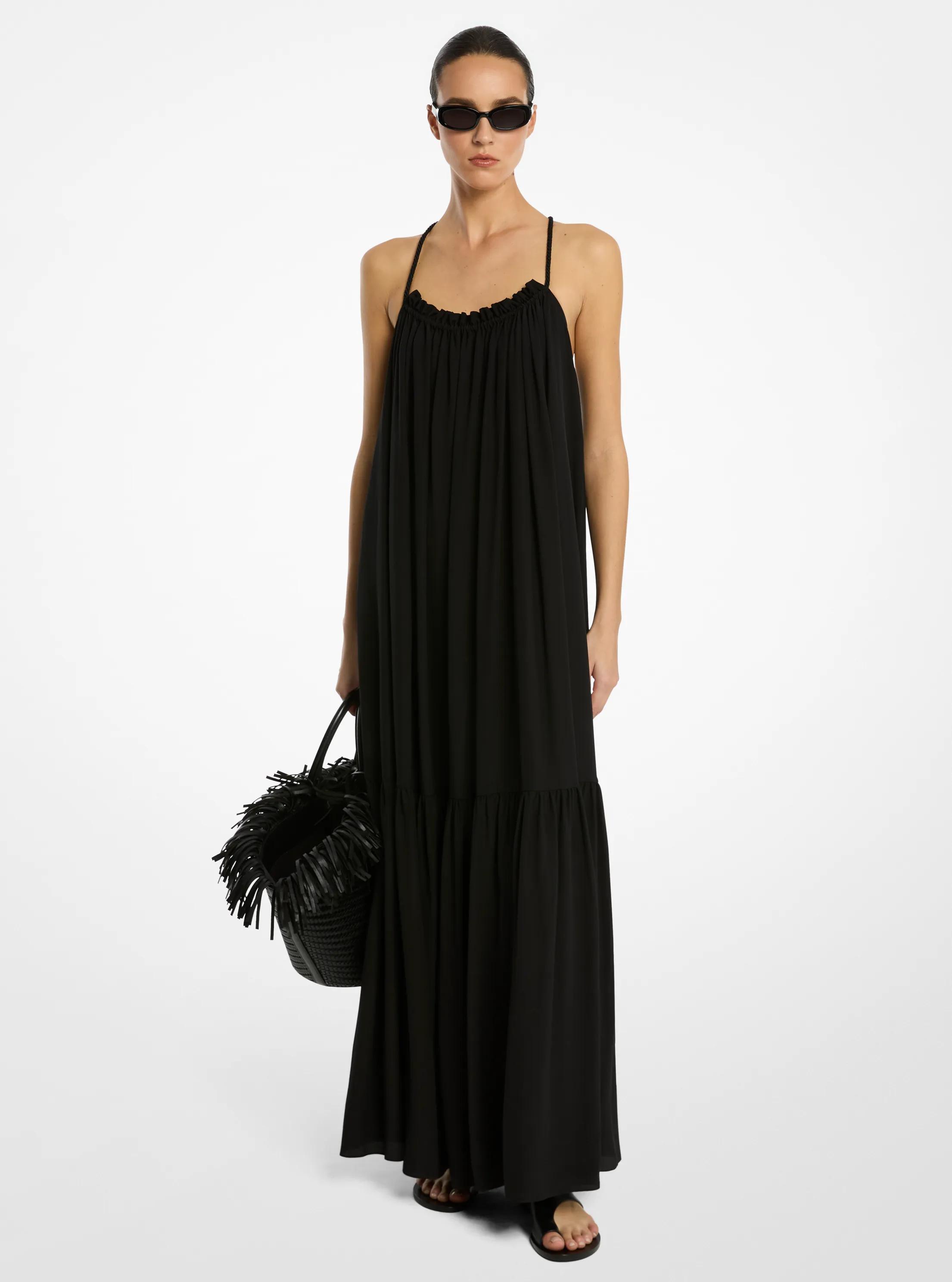 Vestido drapeado con espalda descubierta de crep&eacute; de China de seda in NEGRO | Michael Kors