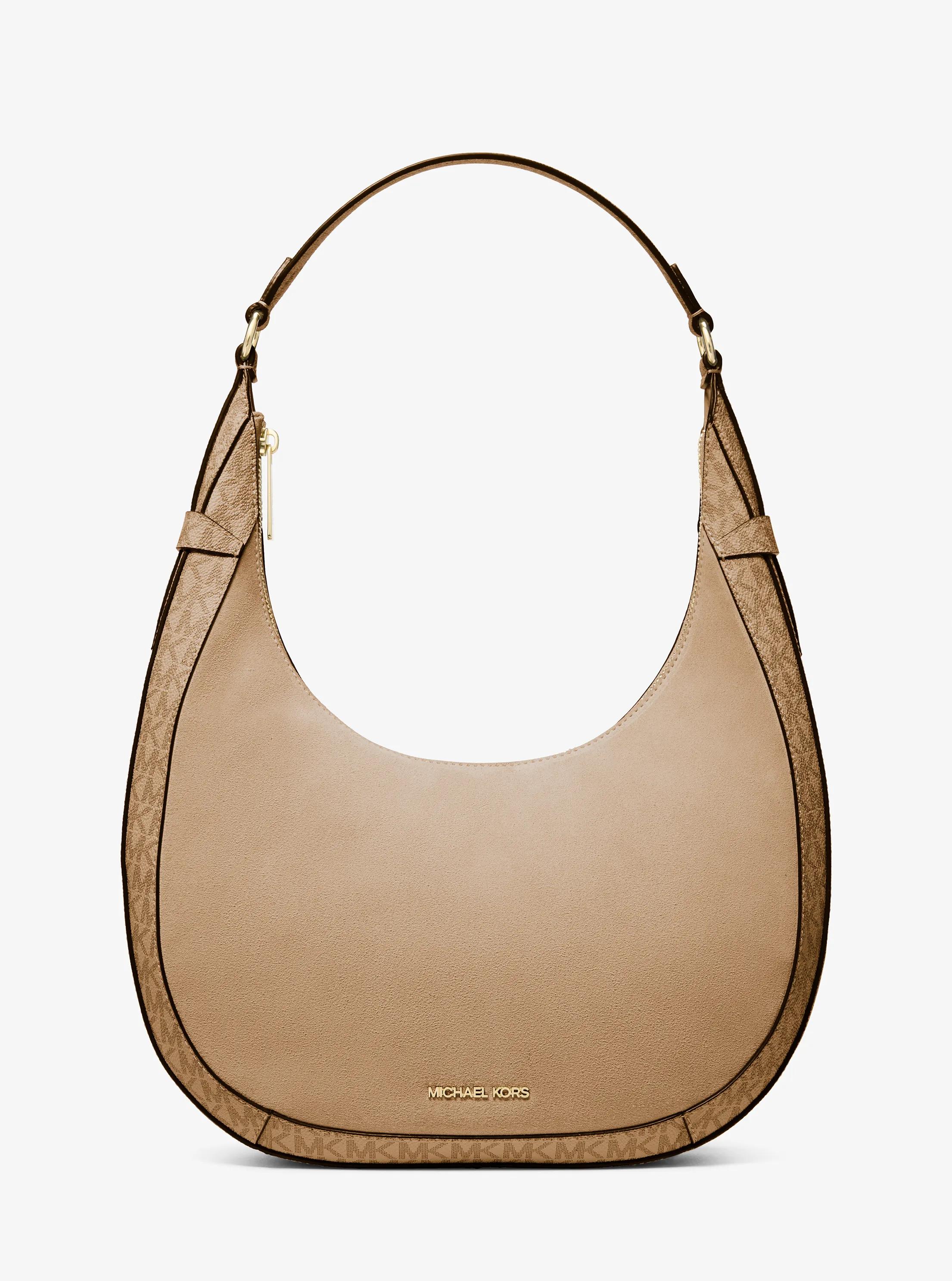 Preston Large Suede and Signature Logo Crescent Shoulder Bag in CAMEL | Michael Kors