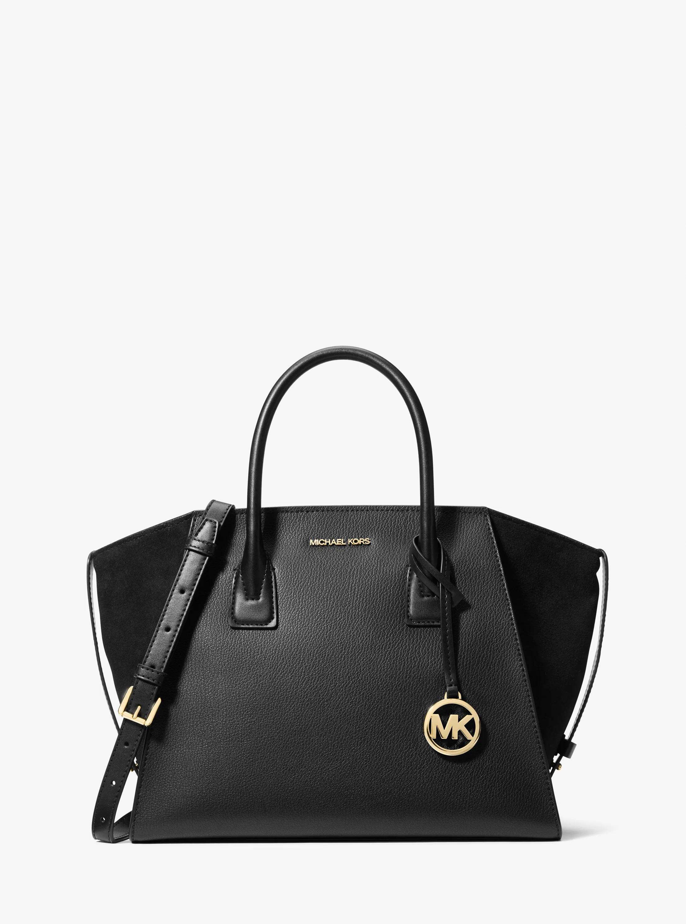 Avril Large Leather and Suede Satchel in BLACK | Michael Kors
