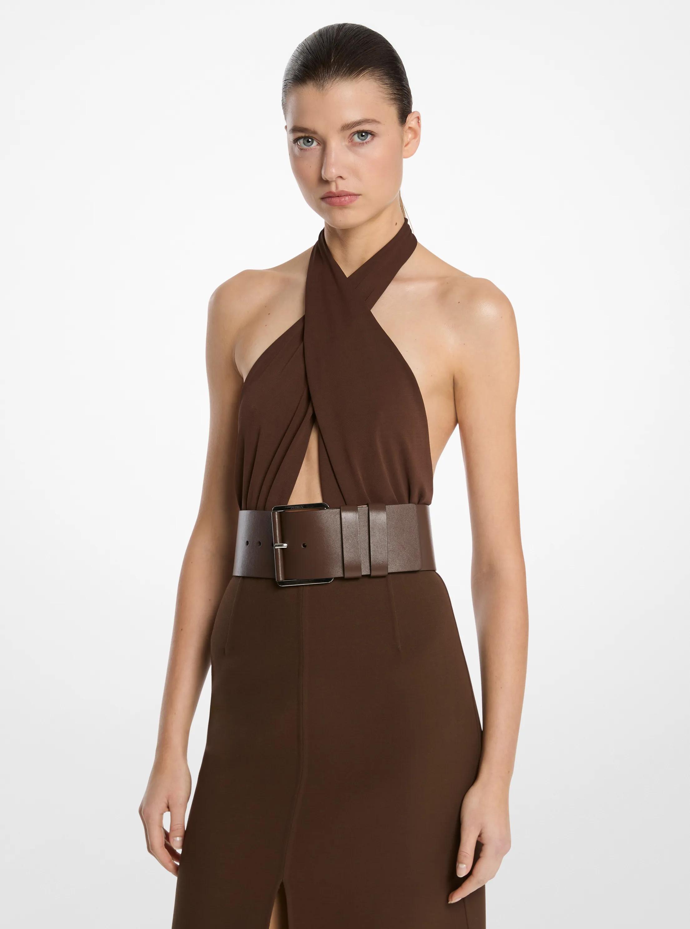 Stretch Matte Jersey Halter Bodysuit in JAVA | Michael Kors