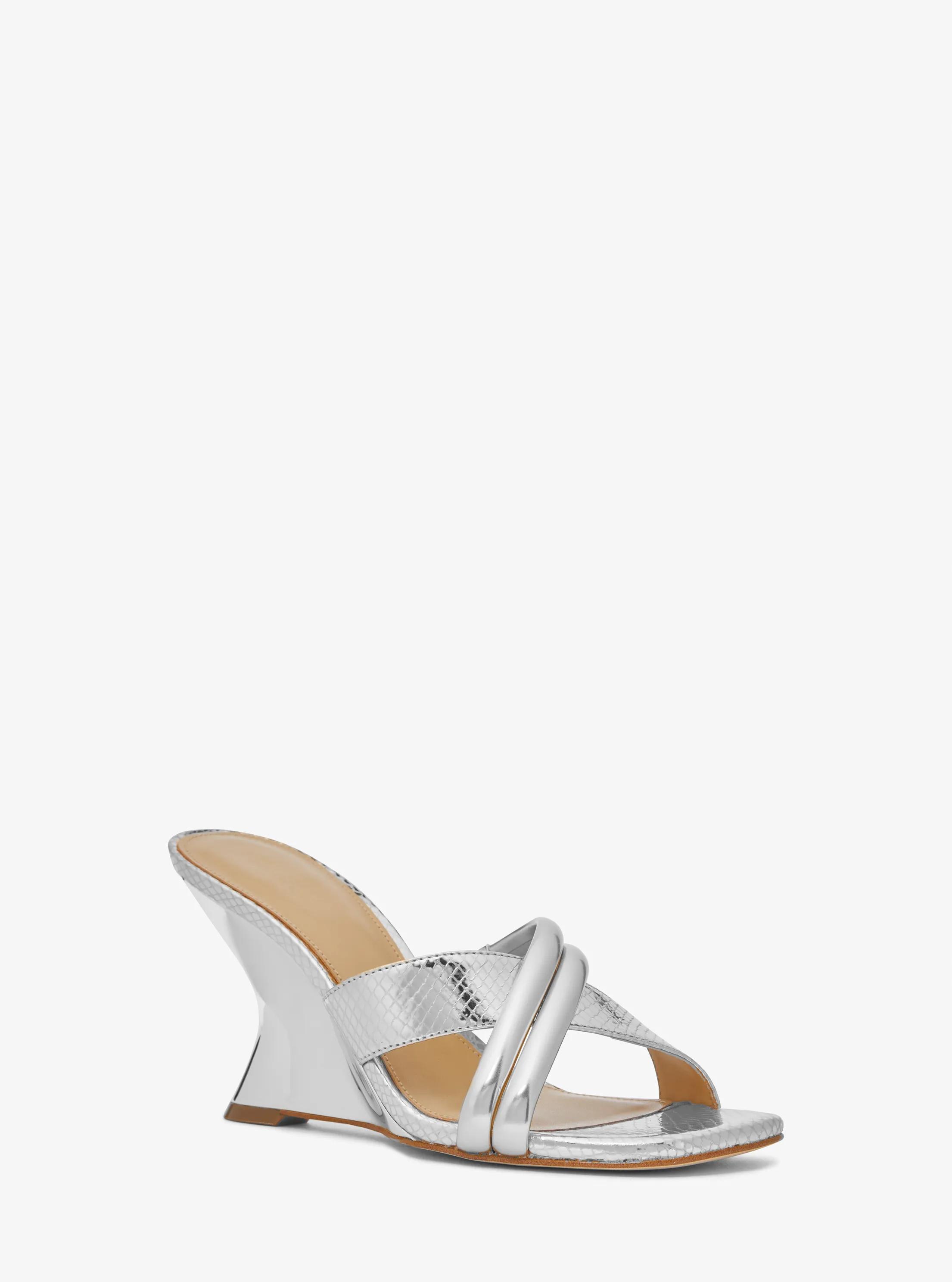 Nadina Metallic Snake Embossed Leather Mule in SILVER | Michael Kors