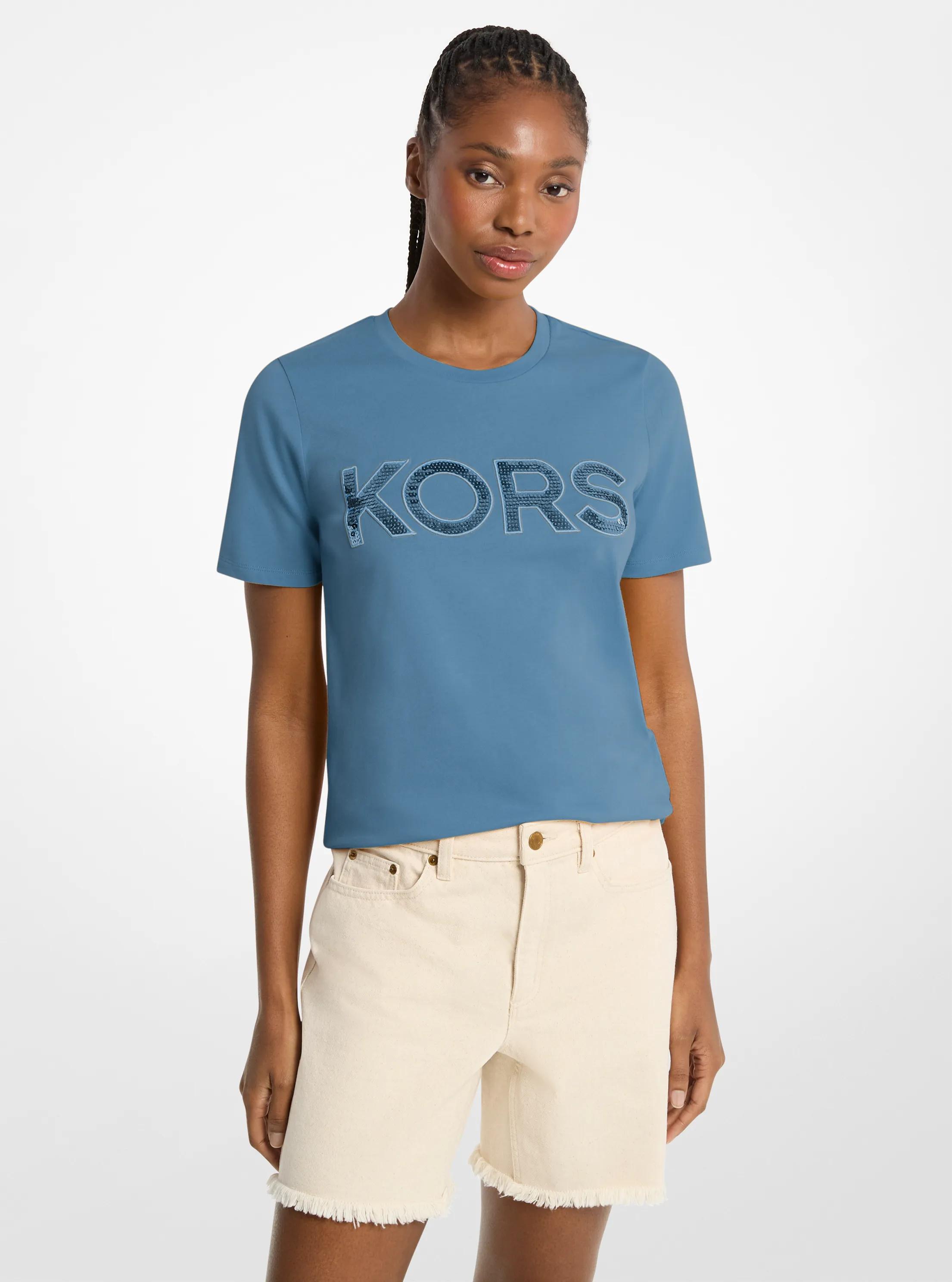 Sequined Logo Cotton T-Shirt in DK CHAMBRAY | Michael Kors
