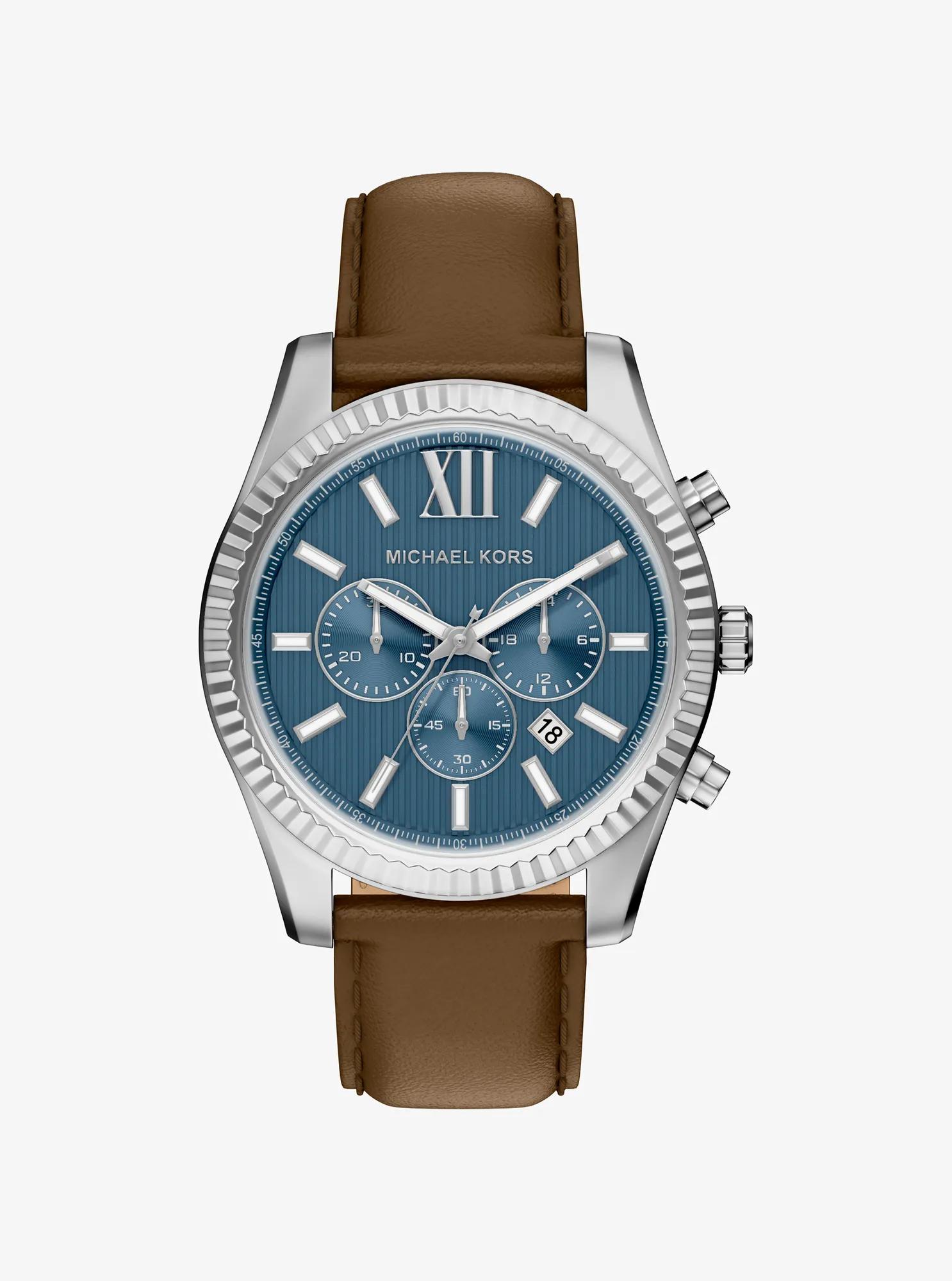 Oversized Lexington Silver-Tone and Leather Watch