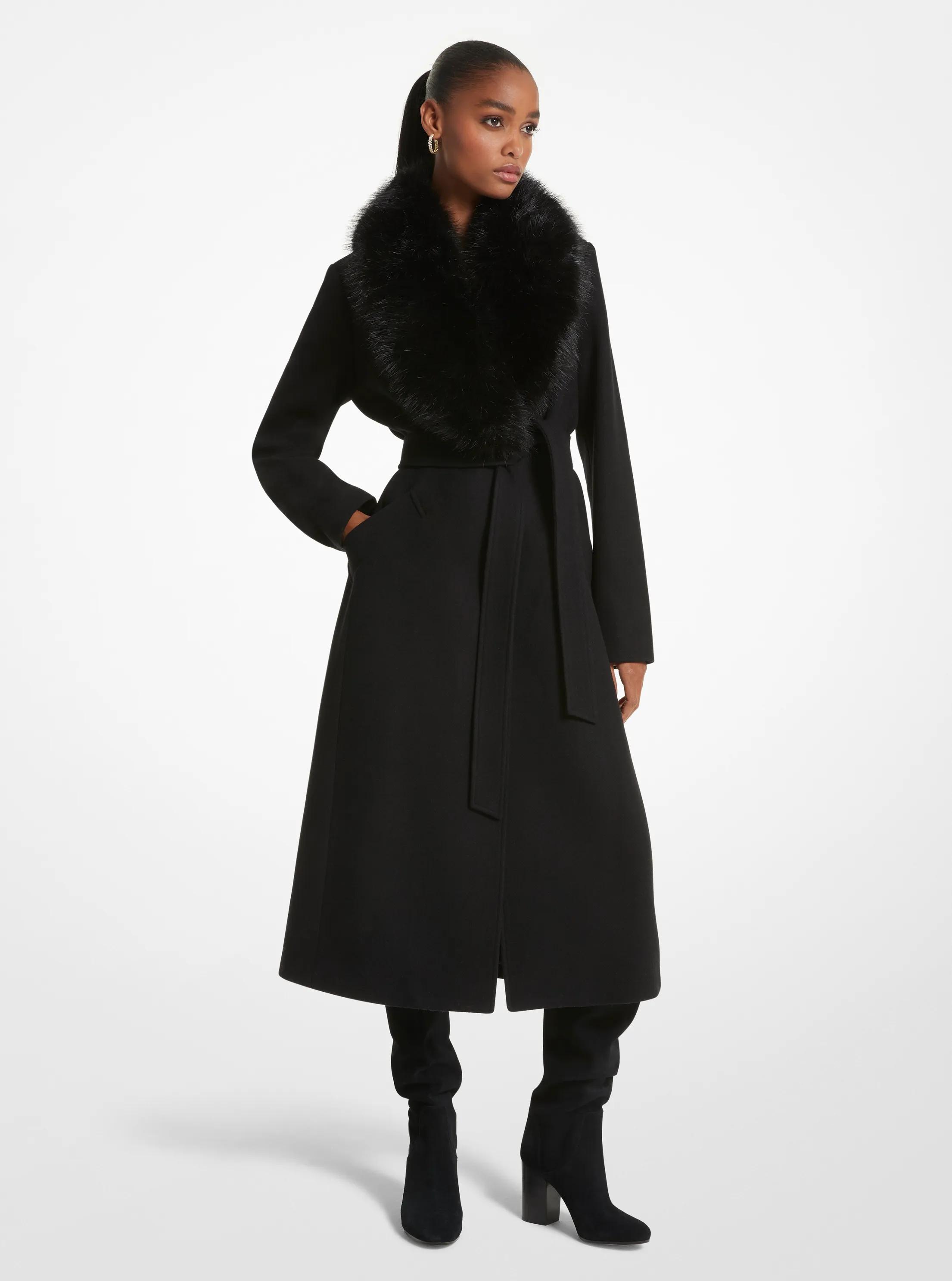 Faux Fur Trim Wool Blend Coat in BLACK | Michael Kors