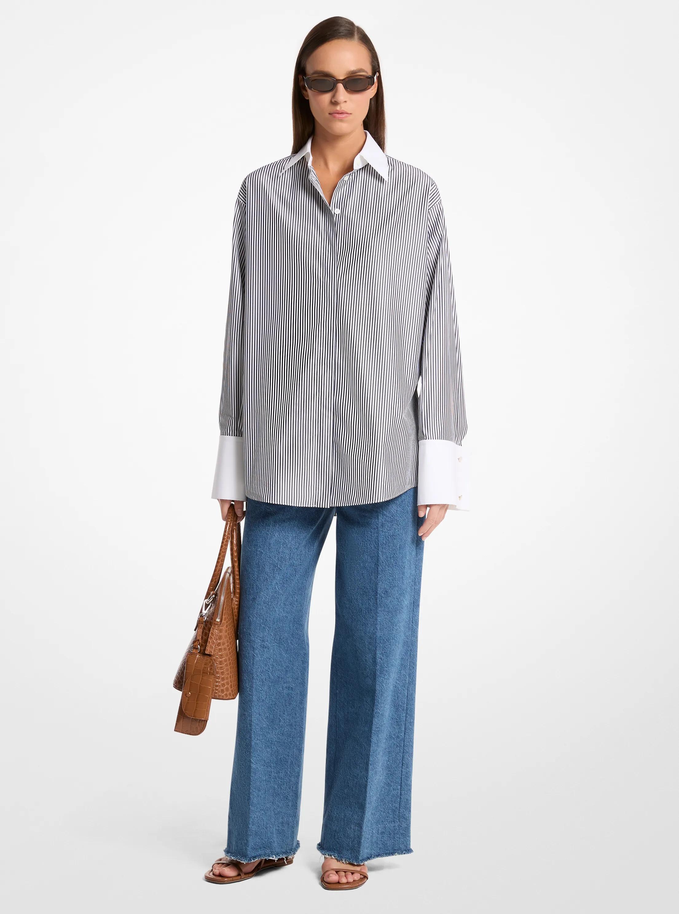 Camisa Tyler extragrande de mezcla de algod&oacute;n a rayas in Blanco medianoche/&oacute;ptico | Michael Kors