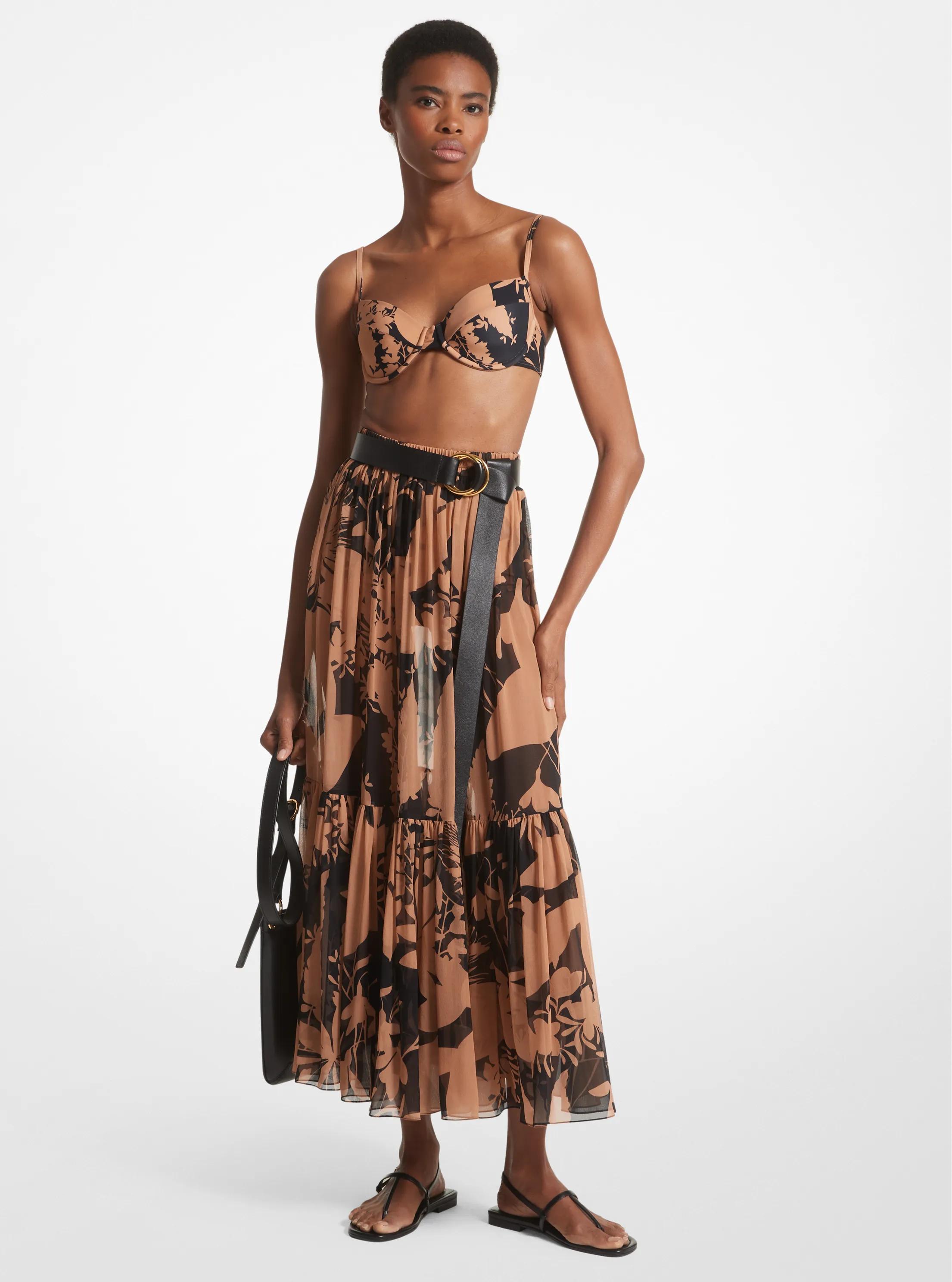 Shadow Floral Silk Chiffon Tiered Skirt in SUNTAN/BLACK | Michael Kors