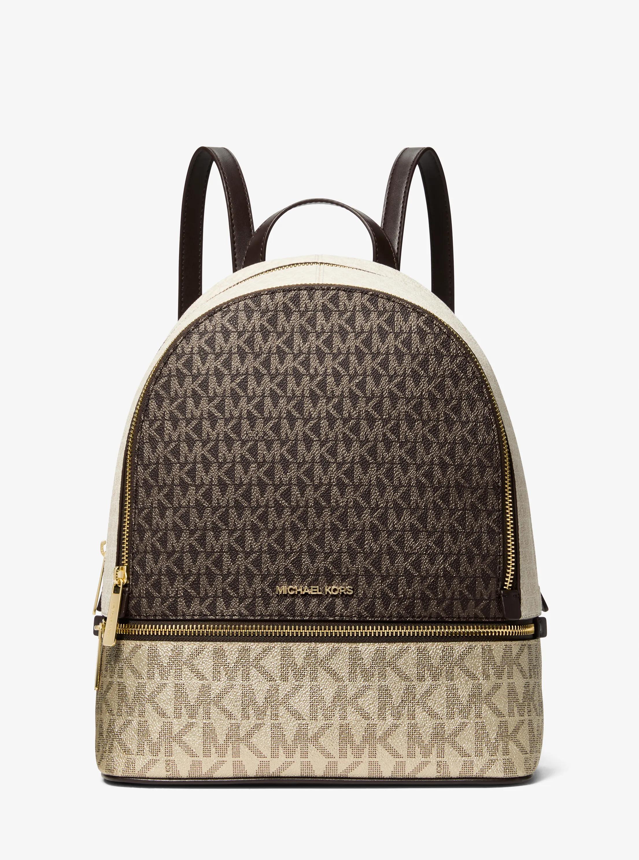 Rhea Medium Metallic Signature Logo Backpack in BROWN | Michael Kors