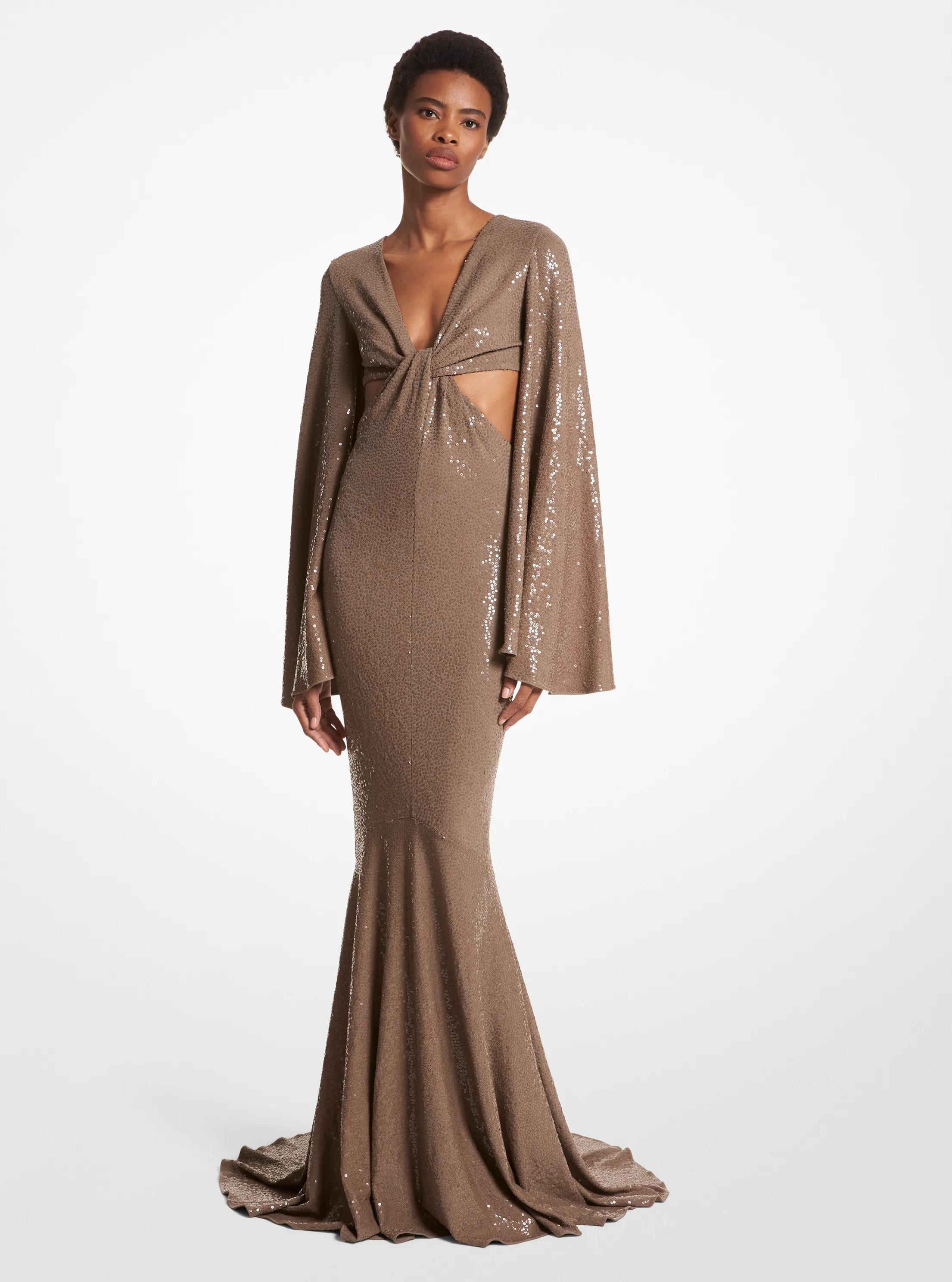 Robe de soir&eacute;e sir&egrave;ne en jersey mat extensible et &agrave; sequins brod&eacute;s main in MOKA | Michael Kors