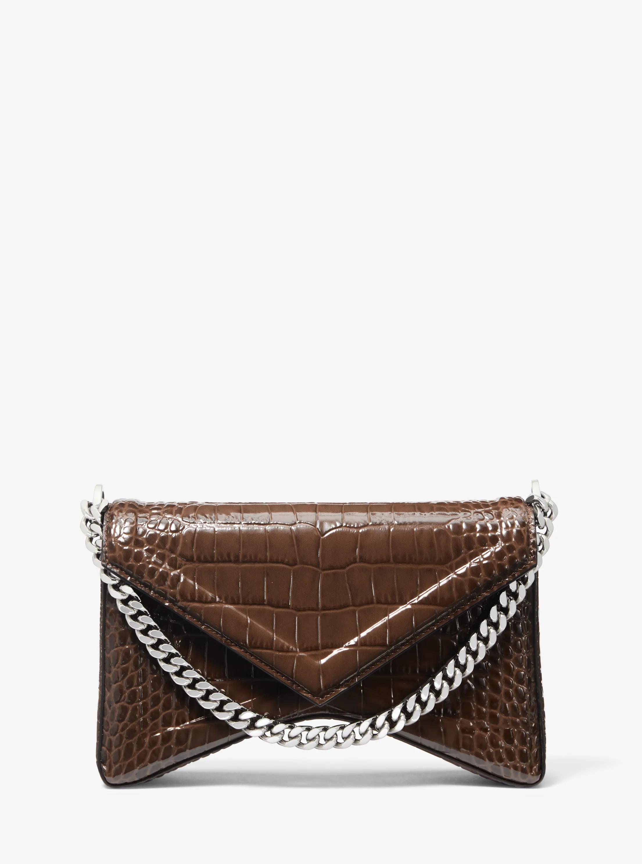Manhatta Crocodile Embossed Patent Leather Shoulder Bag in COCOA | Michael Kors