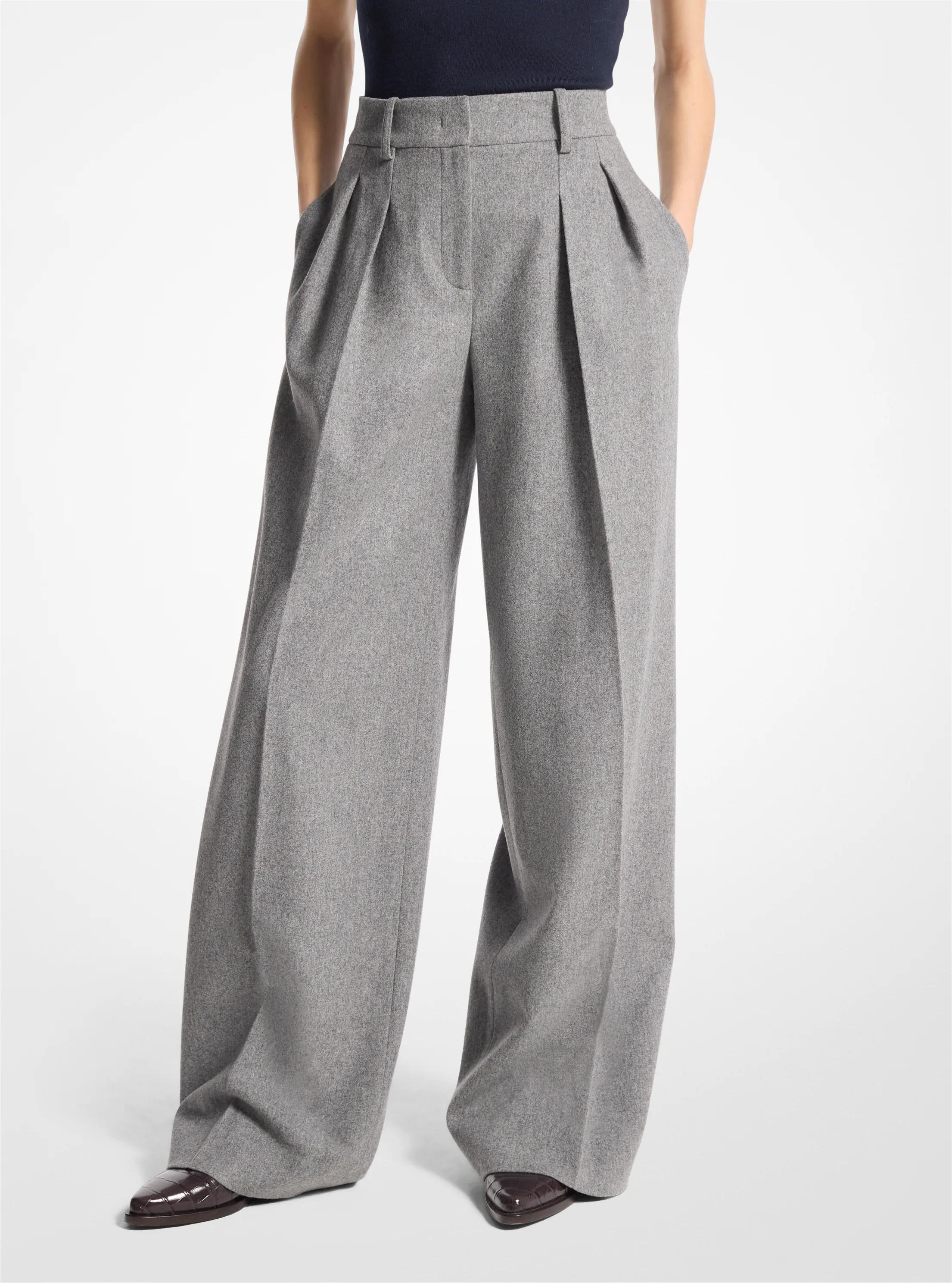 Wool Flannel Pleated Wide-Leg Trousers in BANKER GREY | Michael Kors