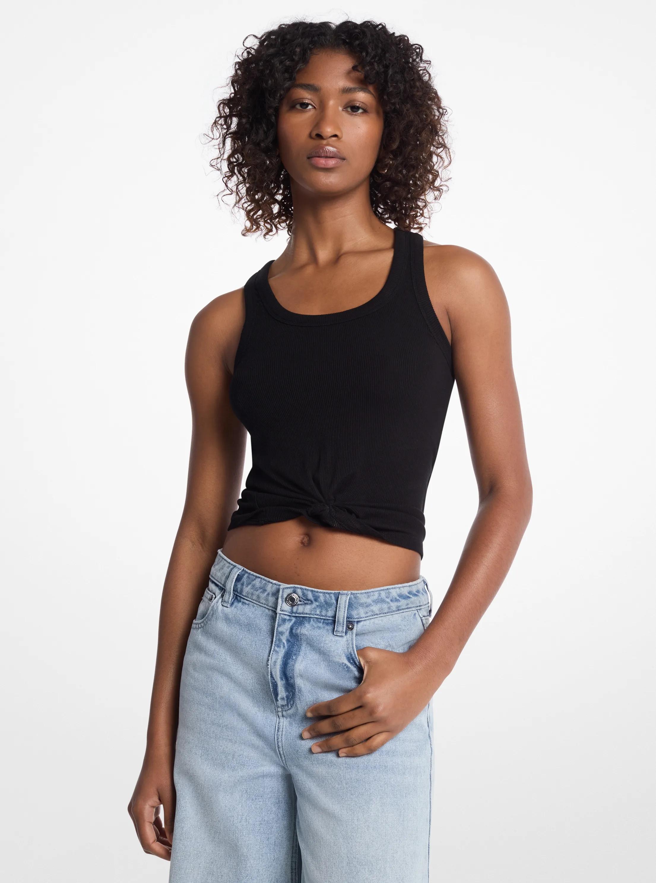 Tie-Front Ribbed Stretch Knit Tank Top in BLACK | Michael Kors [US]